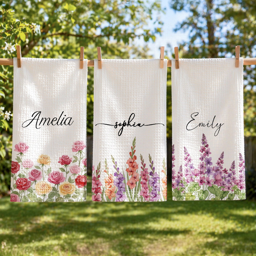 Custom Birth Flower & Name For Her Kitchen, Grandma, Mom, Wife, Friends - Personalized Kitchen Towel