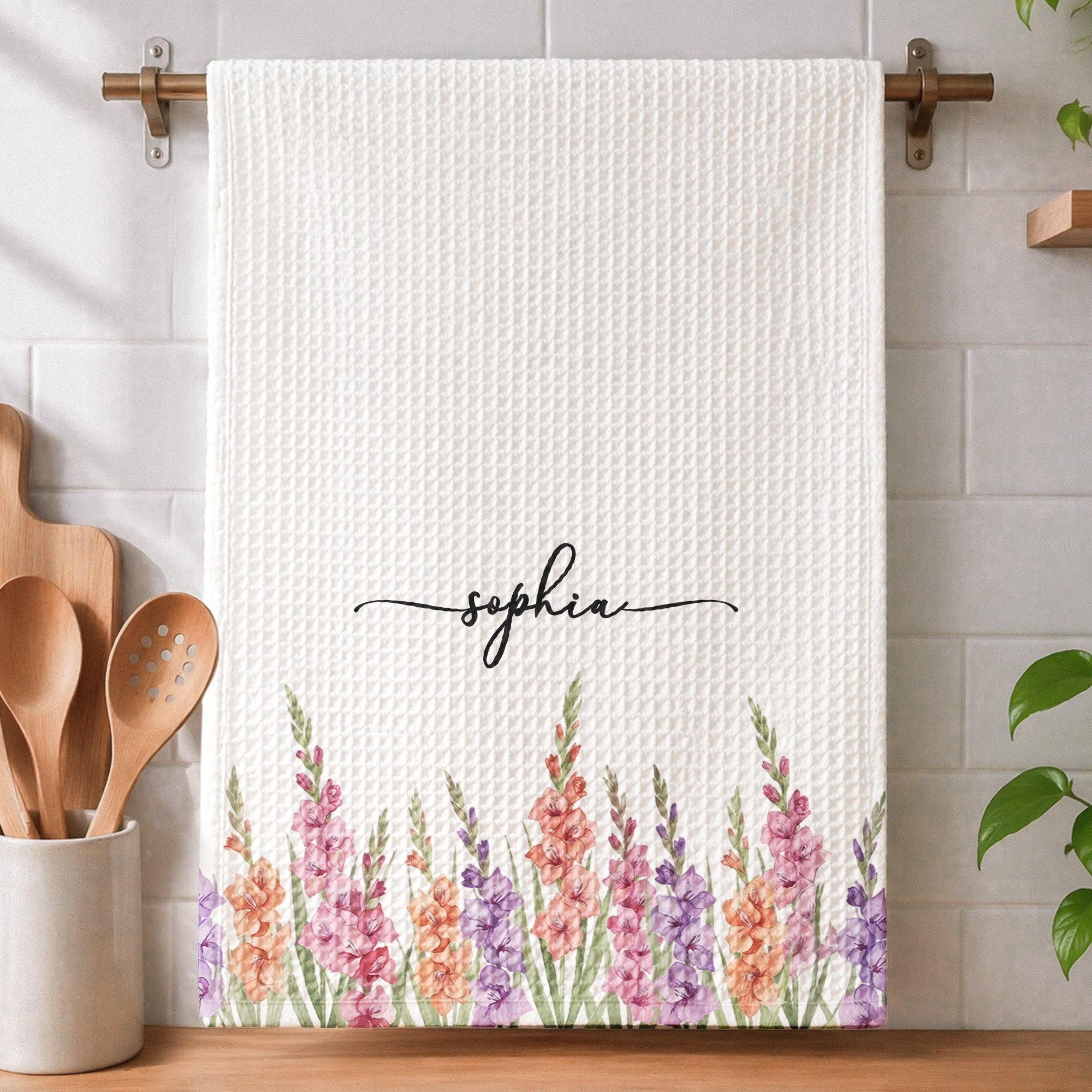 Custom Birth Flower & Name For Her Kitchen, Grandma, Mom, Wife, Friends - Personalized Kitchen Towel