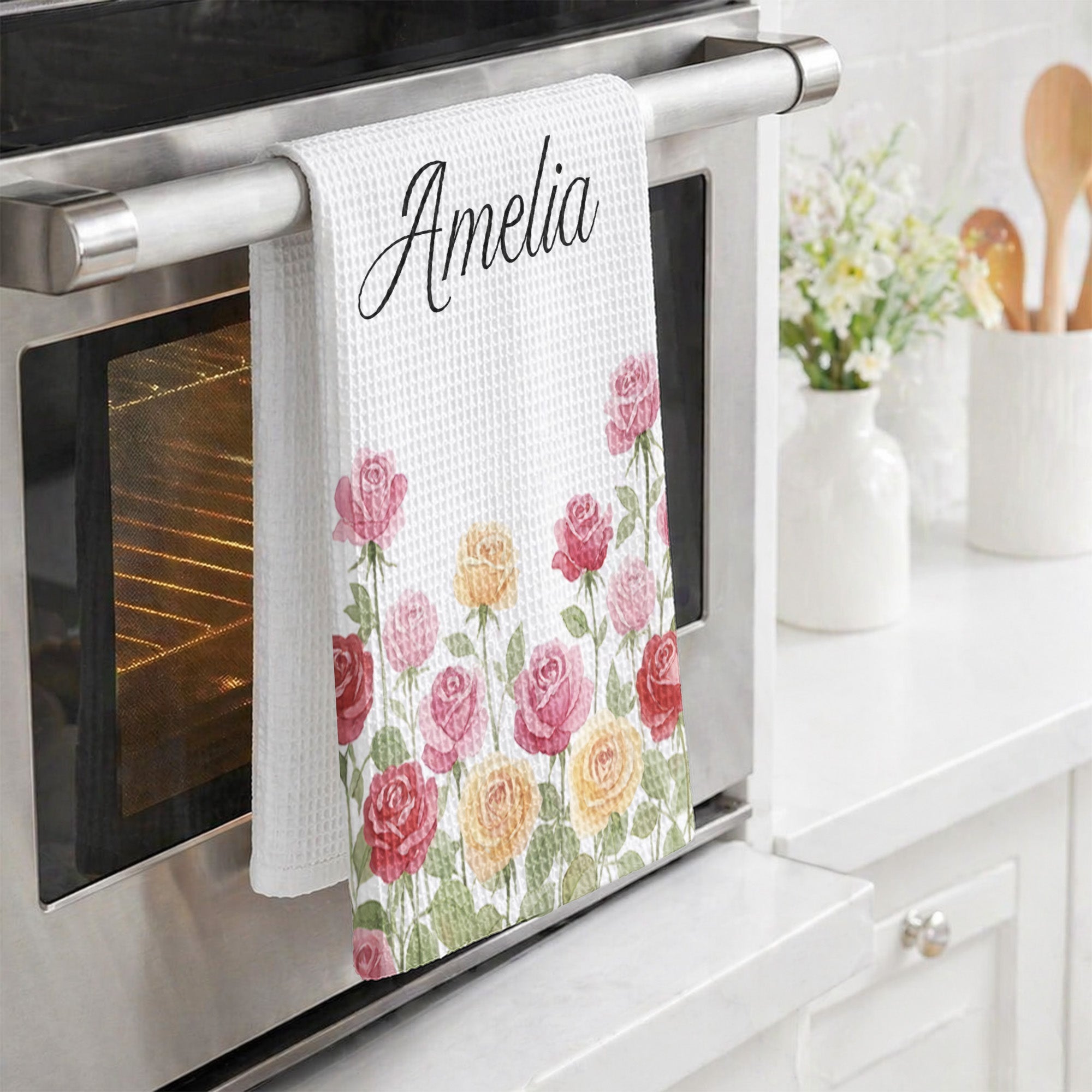 Custom Birth Flower & Name For Her Kitchen, Grandma, Mom, Wife, Friends - Personalized Kitchen Towel