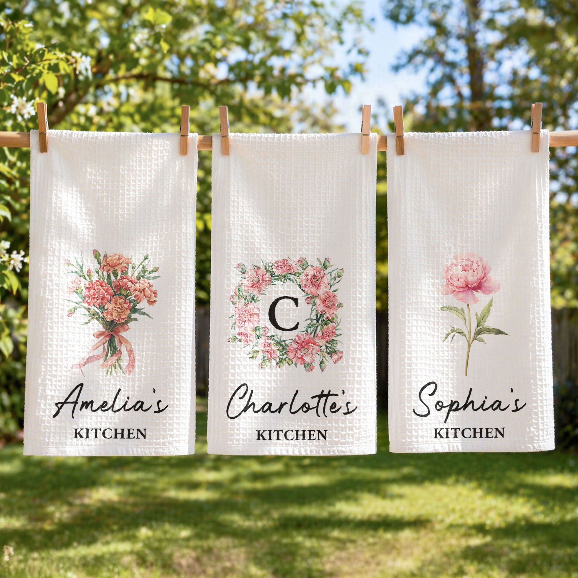 Custom Birth Flower & Name For Her Kitchen, Grandma, Mom, Wife, Sisters - Personalized Kitchen Towel
