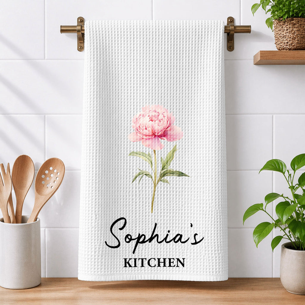 Custom Birth Flower & Name For Her Kitchen, Grandma, Mom, Wife, Sisters - Personalized Kitchen Towel