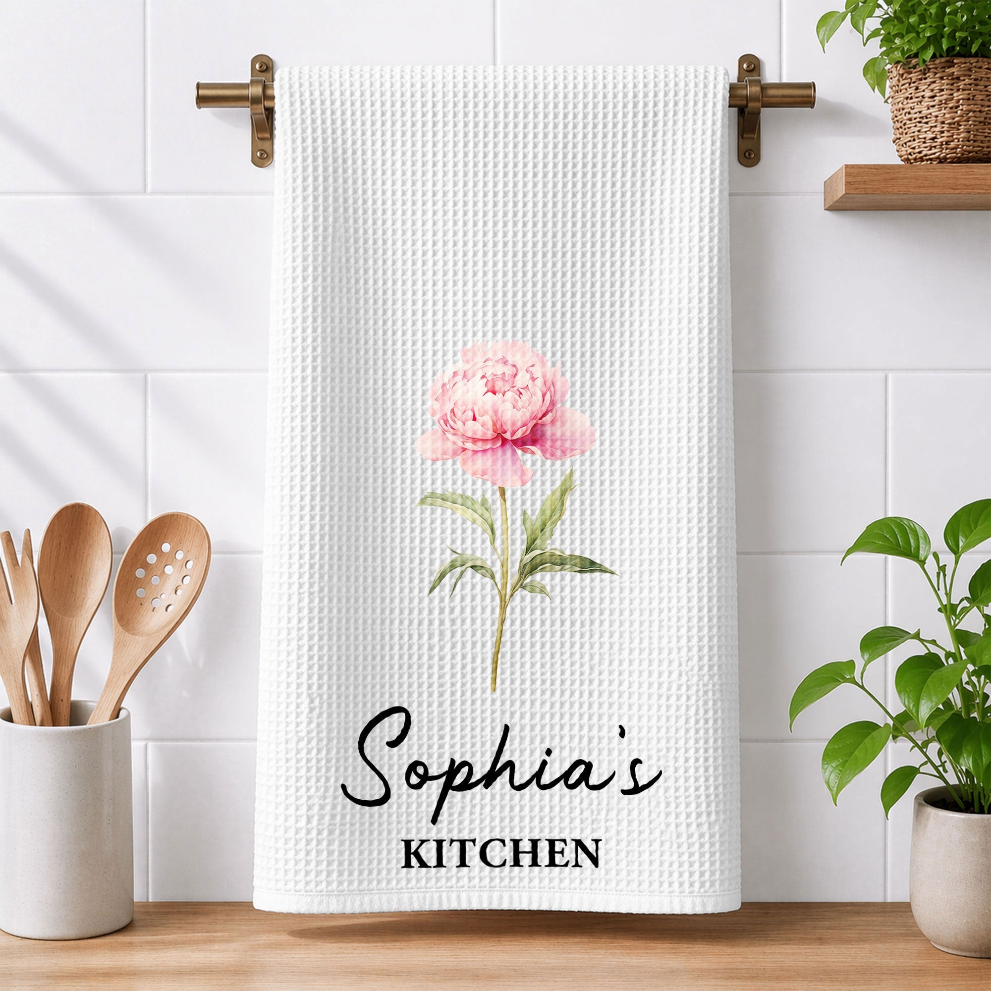 Custom Birth Flower & Name For Her Kitchen, Grandma, Mom, Wife, Sisters - Personalized Kitchen Towel