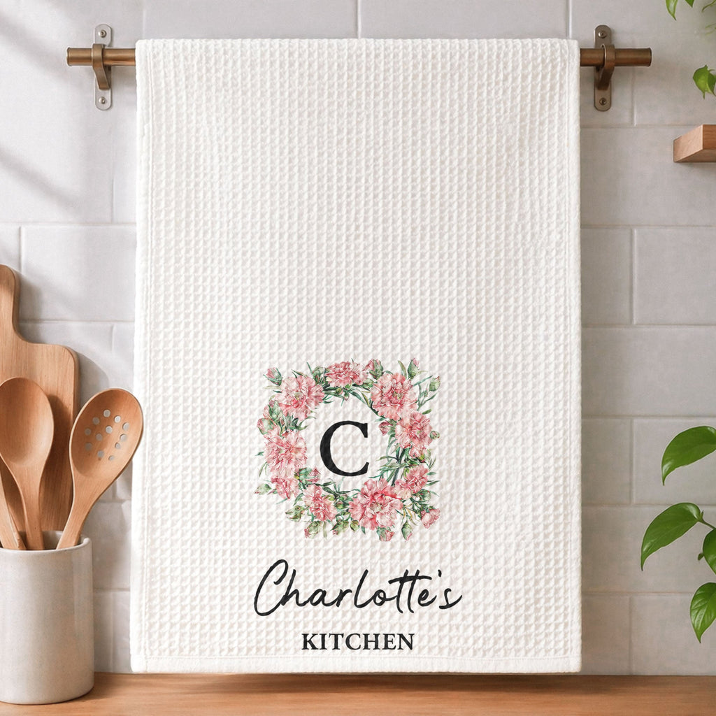 Custom Birth Flower & Name For Her Kitchen, Grandma, Mom, Wife, Sisters - Personalized Kitchen Towel