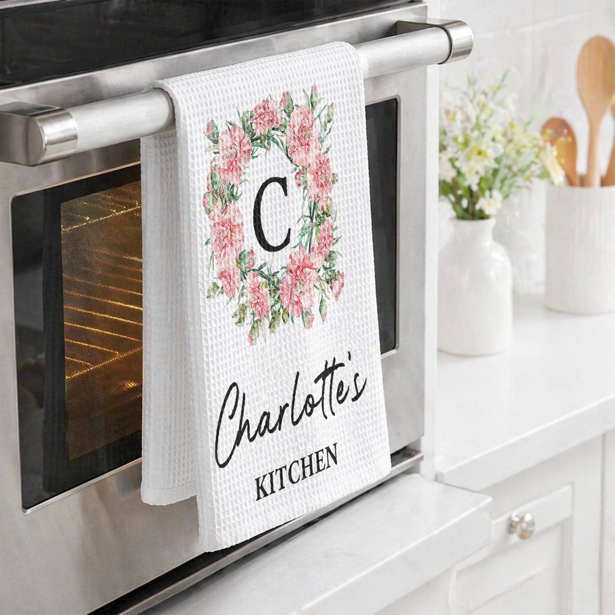 Custom Birth Flower & Name For Her Kitchen, Grandma, Mom, Wife, Sisters - Personalized Kitchen Towel