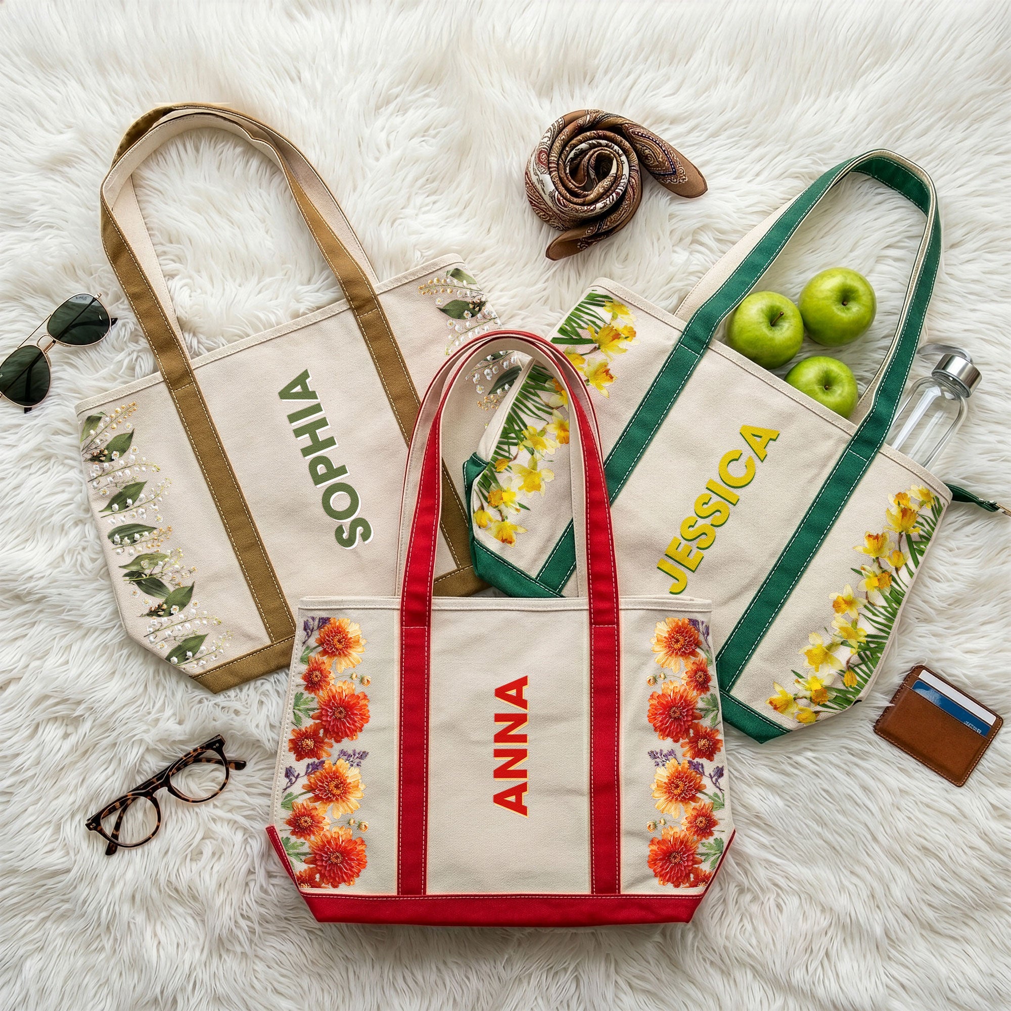 Custom Birth Flower & Name Gift For Her Daughter Friends - Personalized Tote Bag