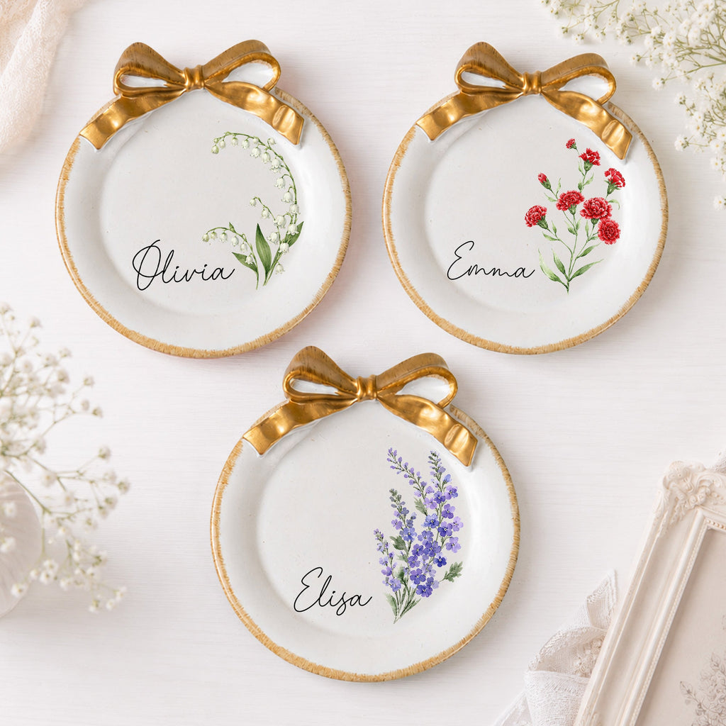 Custom Birth Flower & Name New Version Watercolor Style - Personalized Jewelry Dish