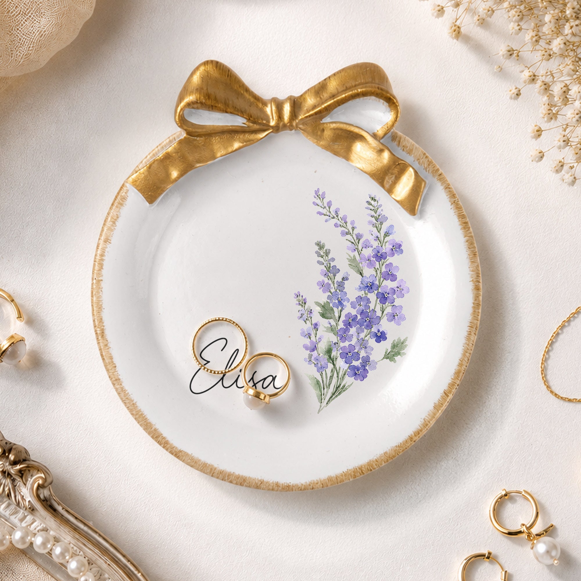Custom Birth Flower & Name New Version Watercolor Style - Personalized Jewelry Dish