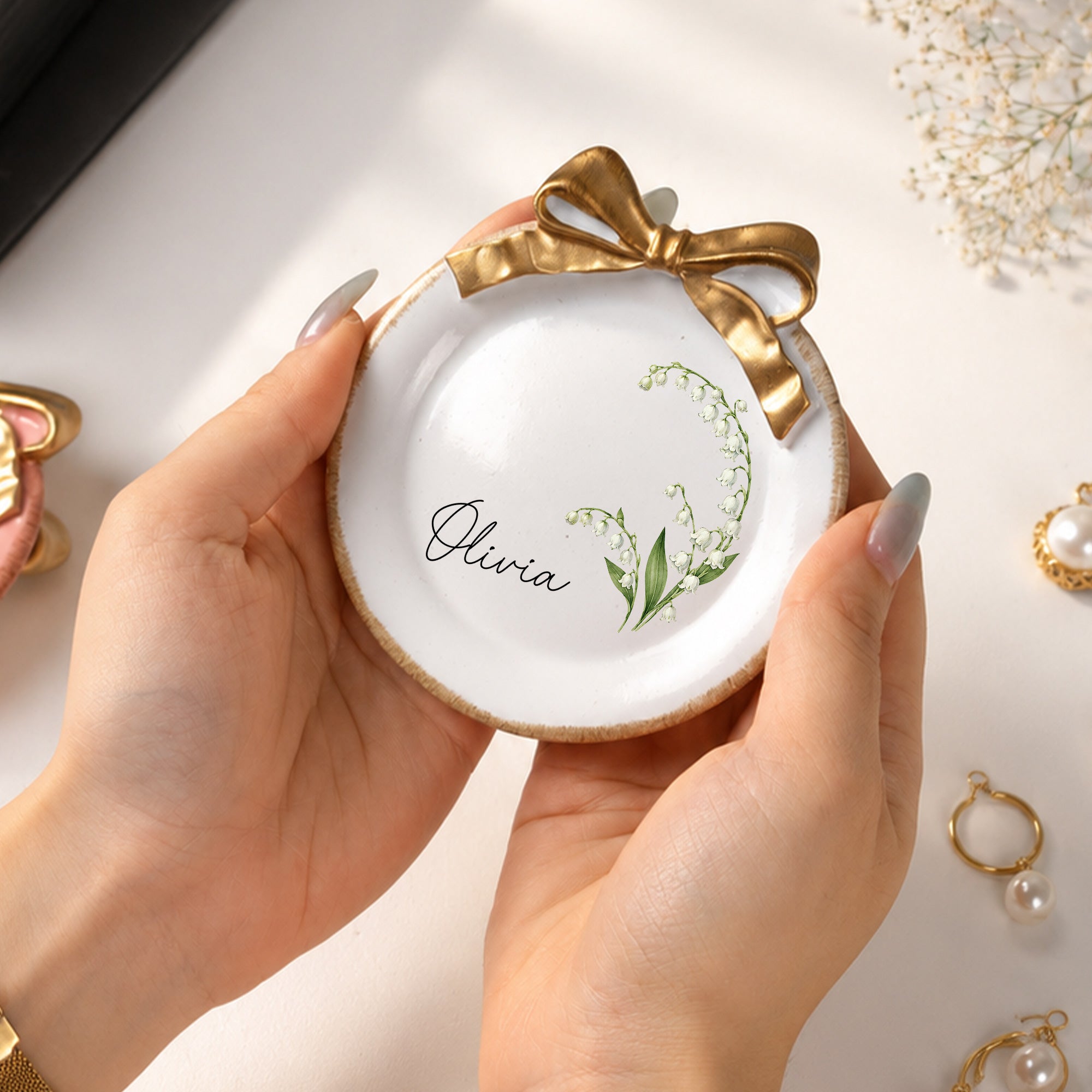 Custom Birth Flower & Name New Version Watercolor Style - Personalized Jewelry Dish