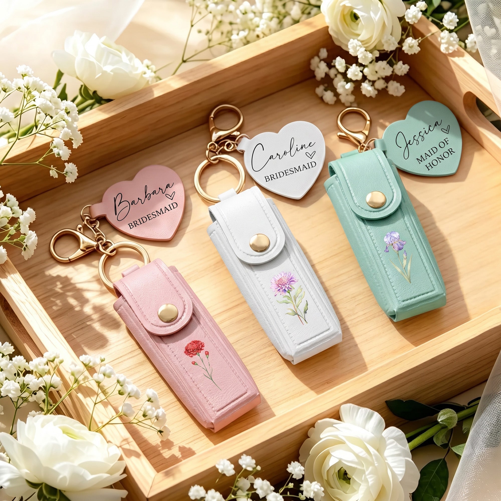 Custom Birth Flowers Wedding Gifts For Bridesmaid - Personalized Leather Lipstick Case With Mirror Keychain