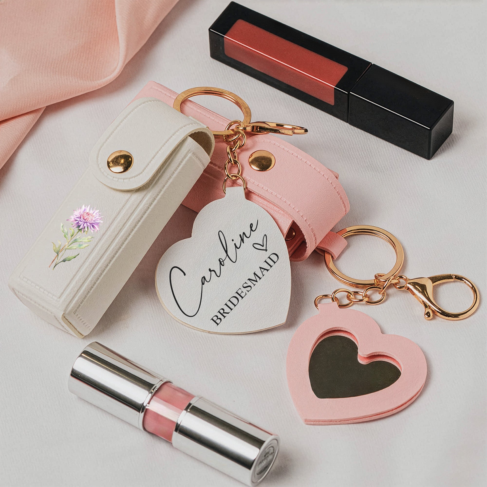 Custom Birth Flowers Wedding Gifts For Bridesmaid - Personalized Leather Lipstick Case With Mirror Keychain