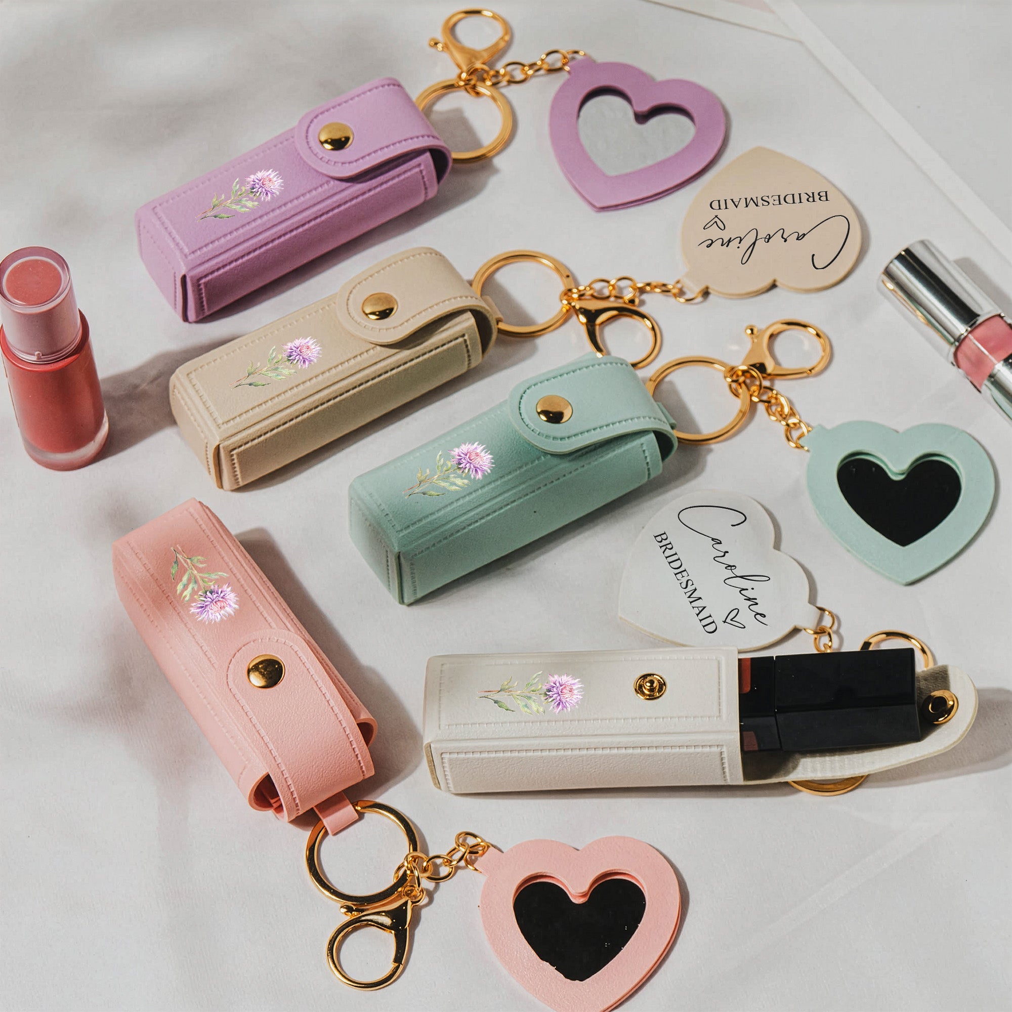 Custom Birth Flowers Wedding Gifts For Bridesmaid - Personalized Leather Lipstick Case With Mirror Keychain
