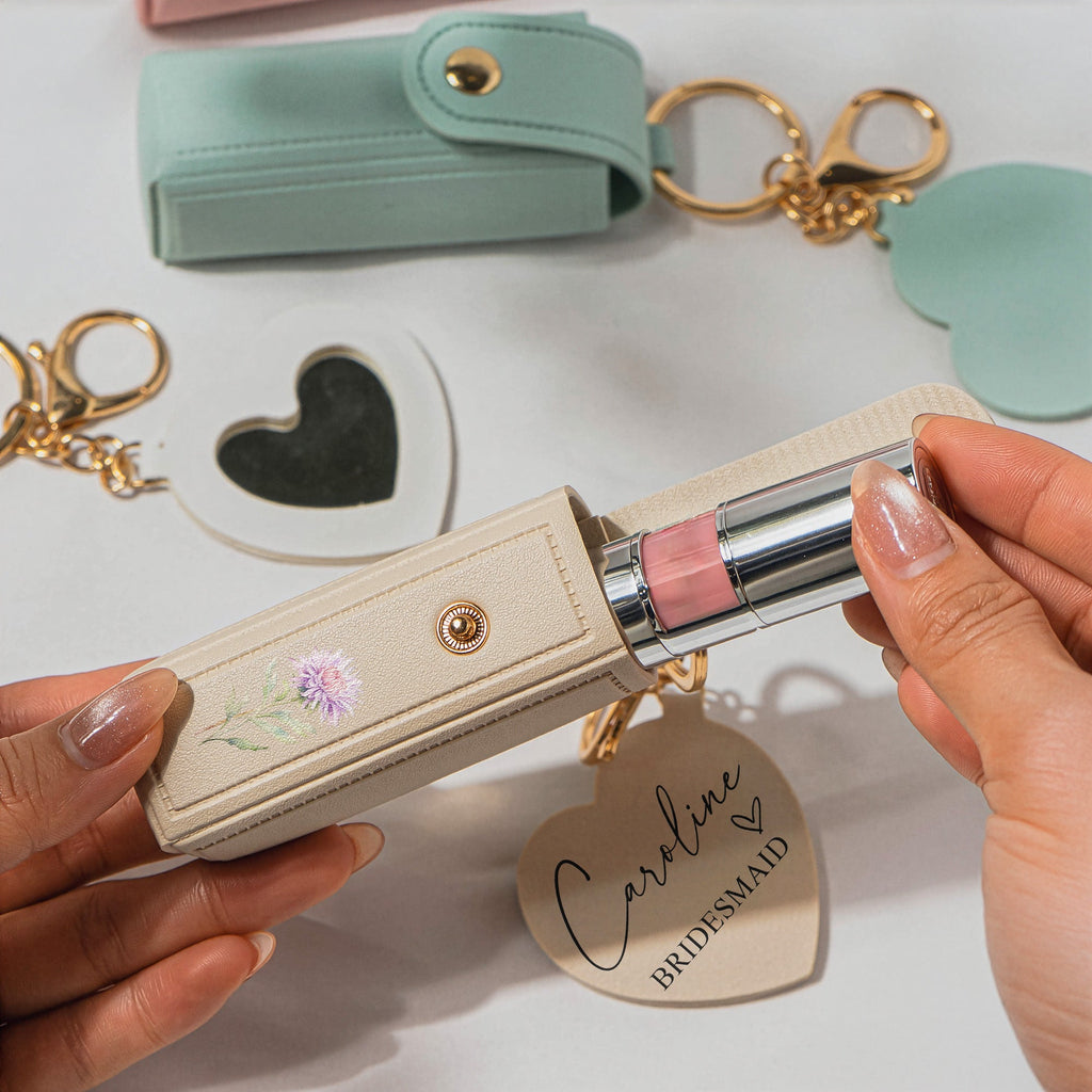Custom Birth Flowers Wedding Gifts For Bridesmaid - Personalized Leather Lipstick Case With Mirror Keychain