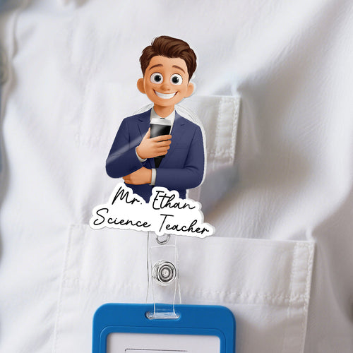 Custom Character For Teacher, Coworker, Boss With Name - Personalized Acrylic Badge Reel