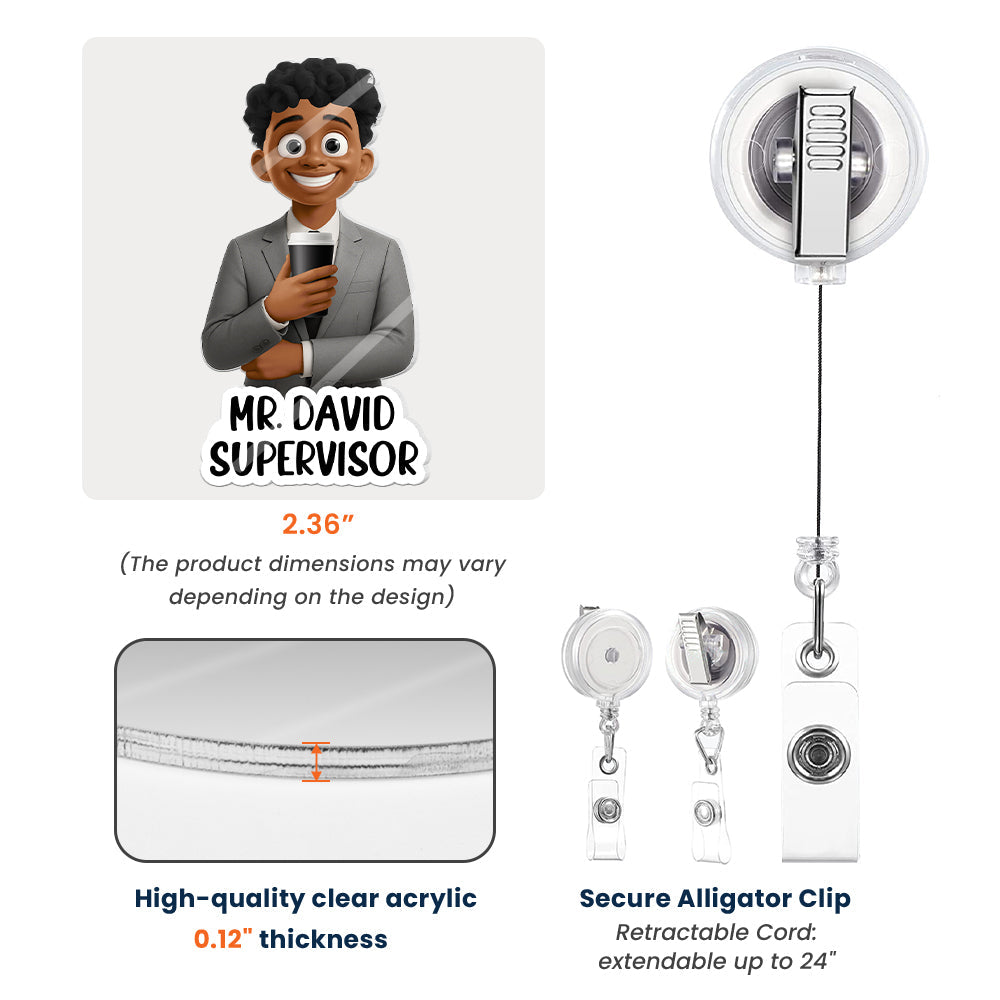 Custom Character For Teacher, Coworker, Boss With Name - Personalized Acrylic Badge Reel