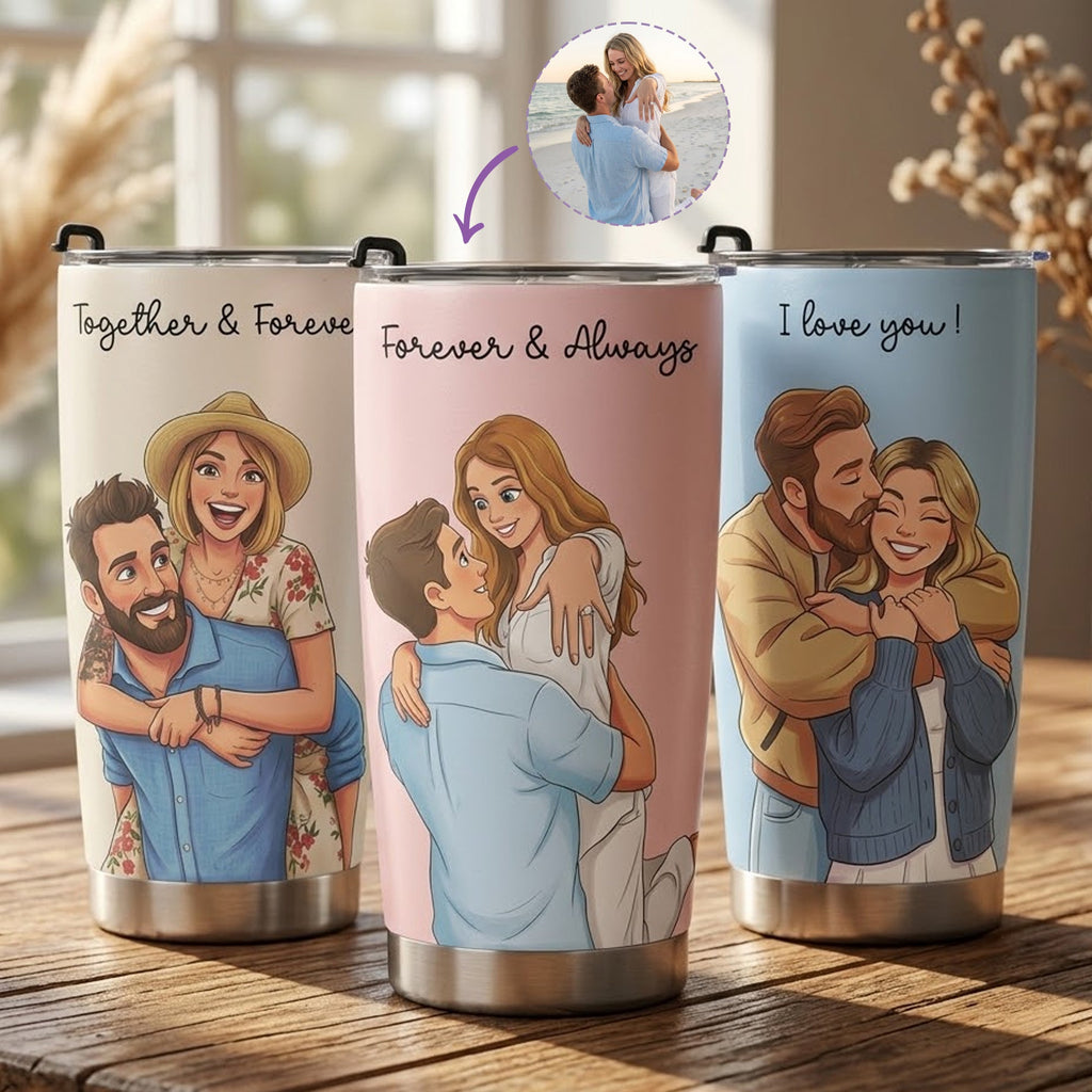 Custom Couple Photo Cartoon Art Anniversary Gifts For Wife, Girlfriend - Personalized Tumbler Cup