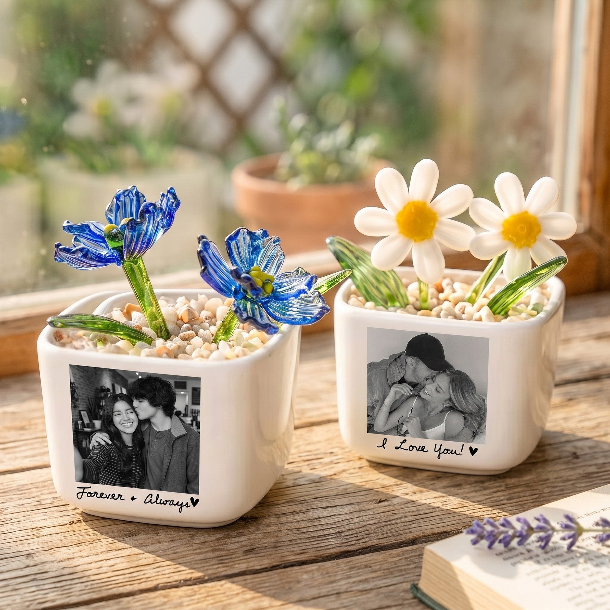 Custom Couple Photo Glass Birth Flower Anniversary Gifts For Her - Personalized Plant Pot