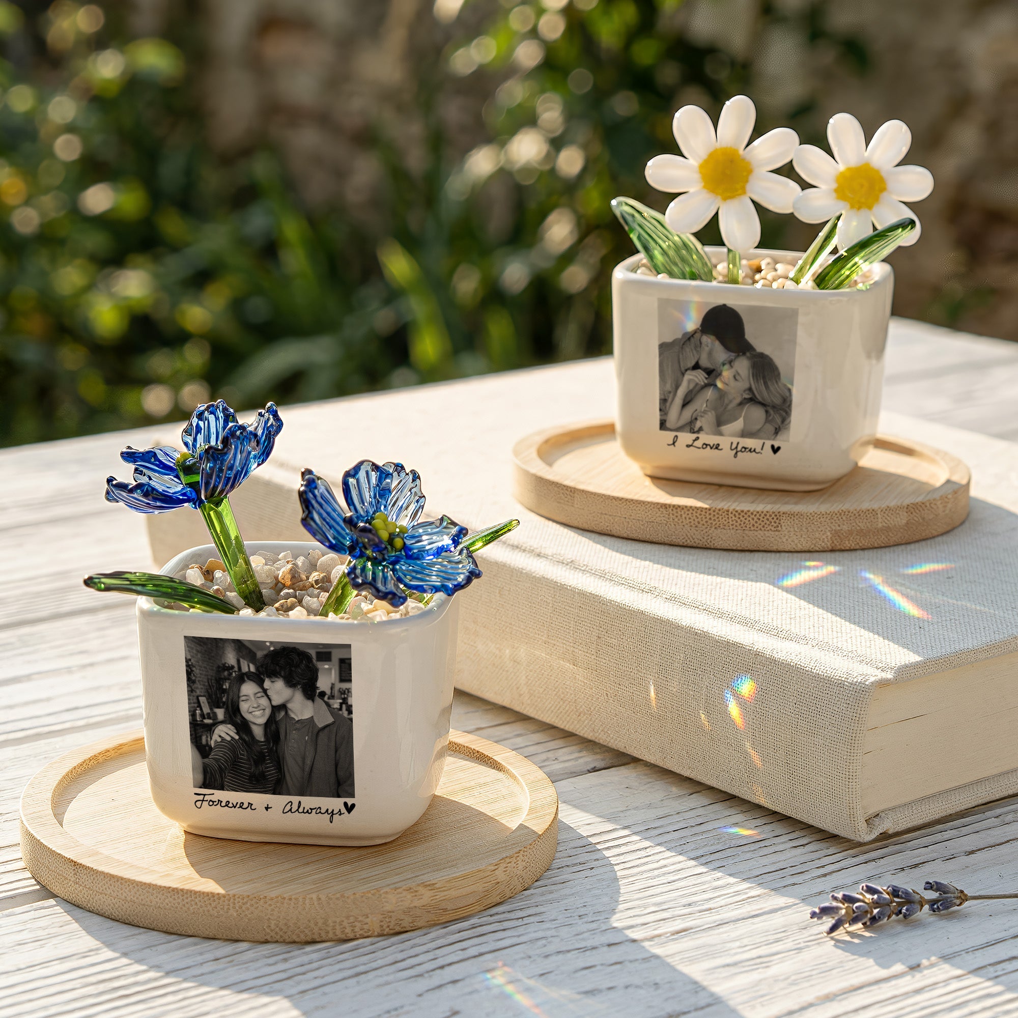 Custom Couple Photo Glass Birth Flower Anniversary Gifts For Her - Personalized Plant Pot