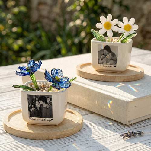 Custom Couple Photo Glass Birth Flower Anniversary Gifts For Her - Personalized Plant Pot