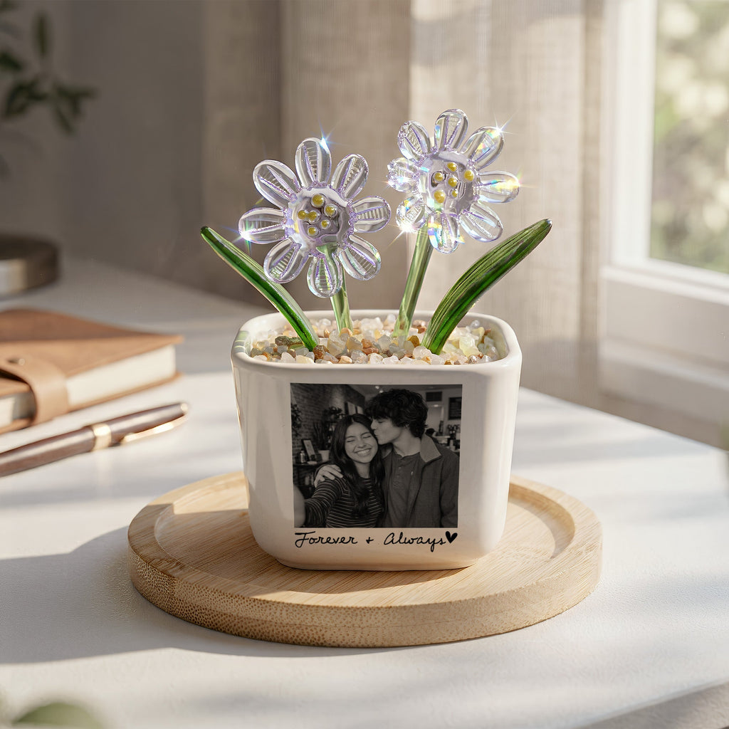 Custom Couple Photo Glass Birth Flower Anniversary Gifts For Her - Personalized Plant Pot