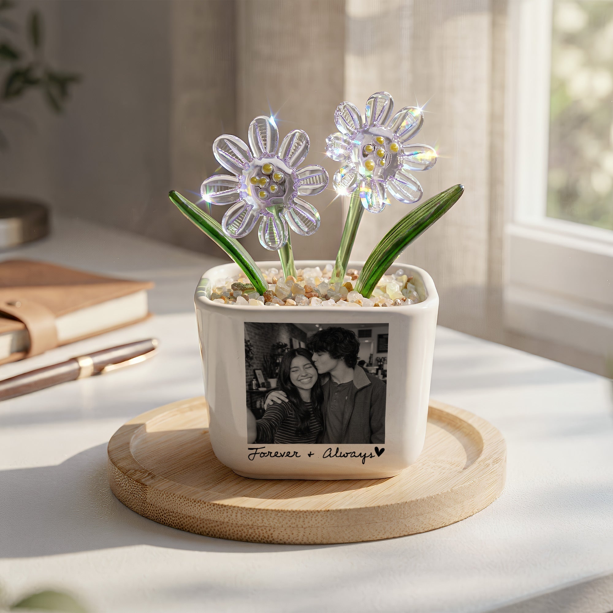 Custom Couple Photo Glass Birth Flower Anniversary Gifts For Her - Personalized Plant Pot