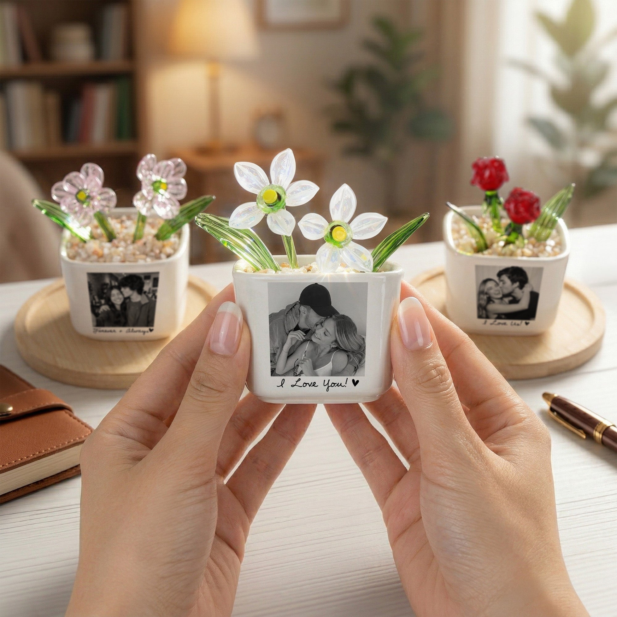 Custom Couple Photo Glass Birth Flower Anniversary Gifts For Her - Personalized Plant Pot