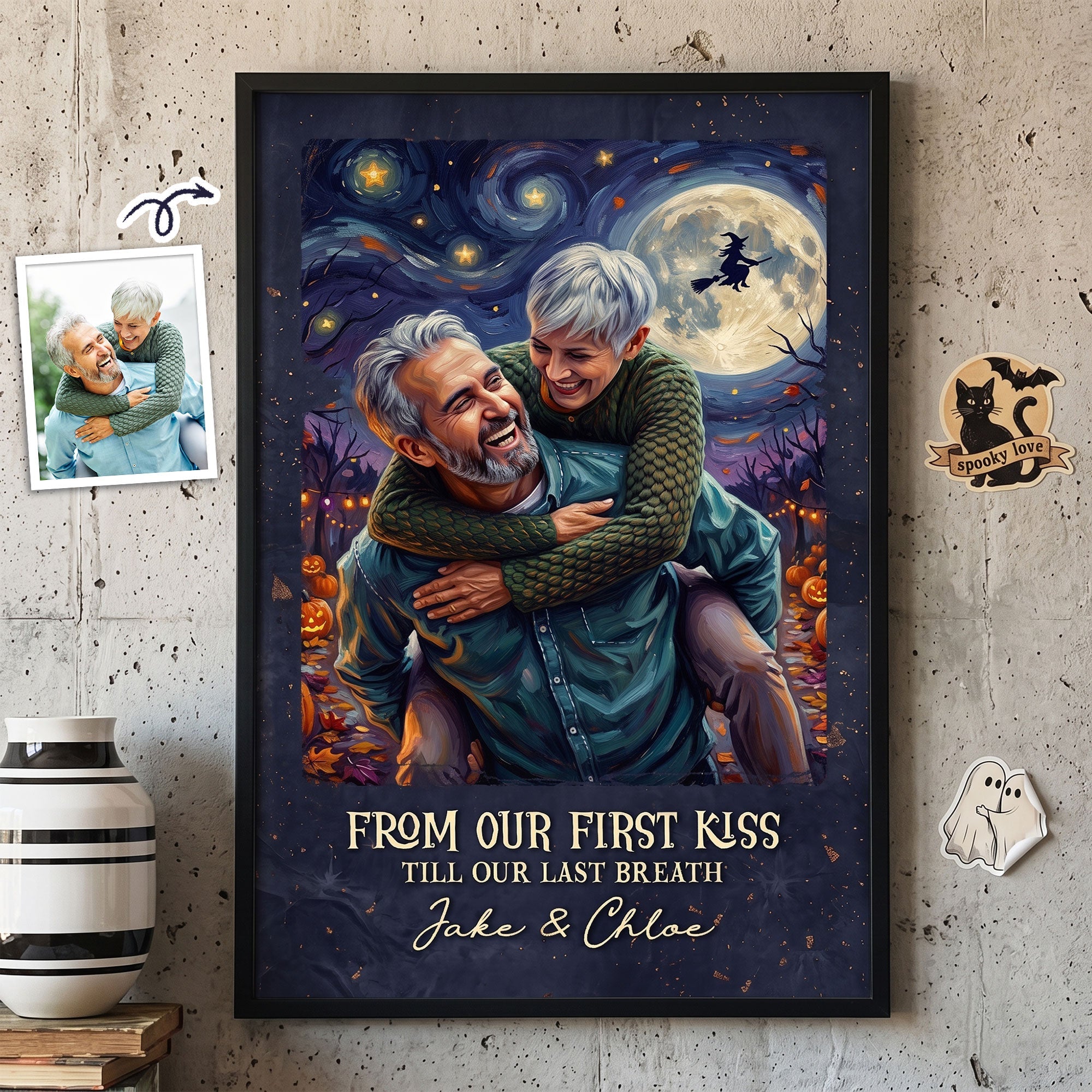 Custom Couple Photo Halloween Van Gogh Art Gift For Her, Him - Personalized Poster