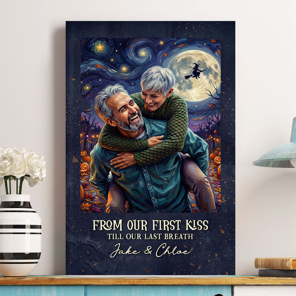 Custom Couple Photo Halloween Van Gogh Art Gift For Her, Him - Personalized Poster