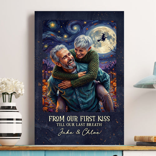 Custom Couple Photo Halloween Van Gogh Art Gift For Her, Him - Personalized Poster