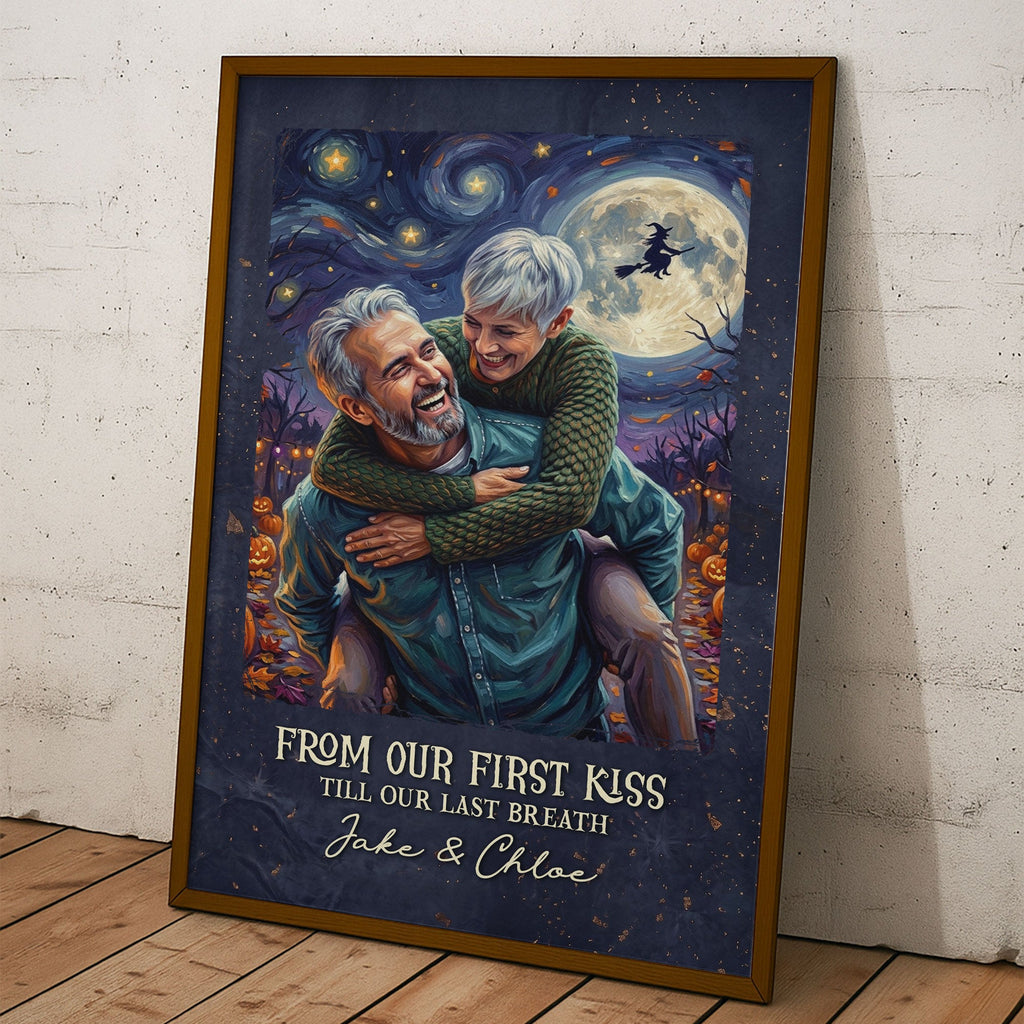 Custom Couple Photo Halloween Van Gogh Art Gift For Her, Him - Personalized Poster