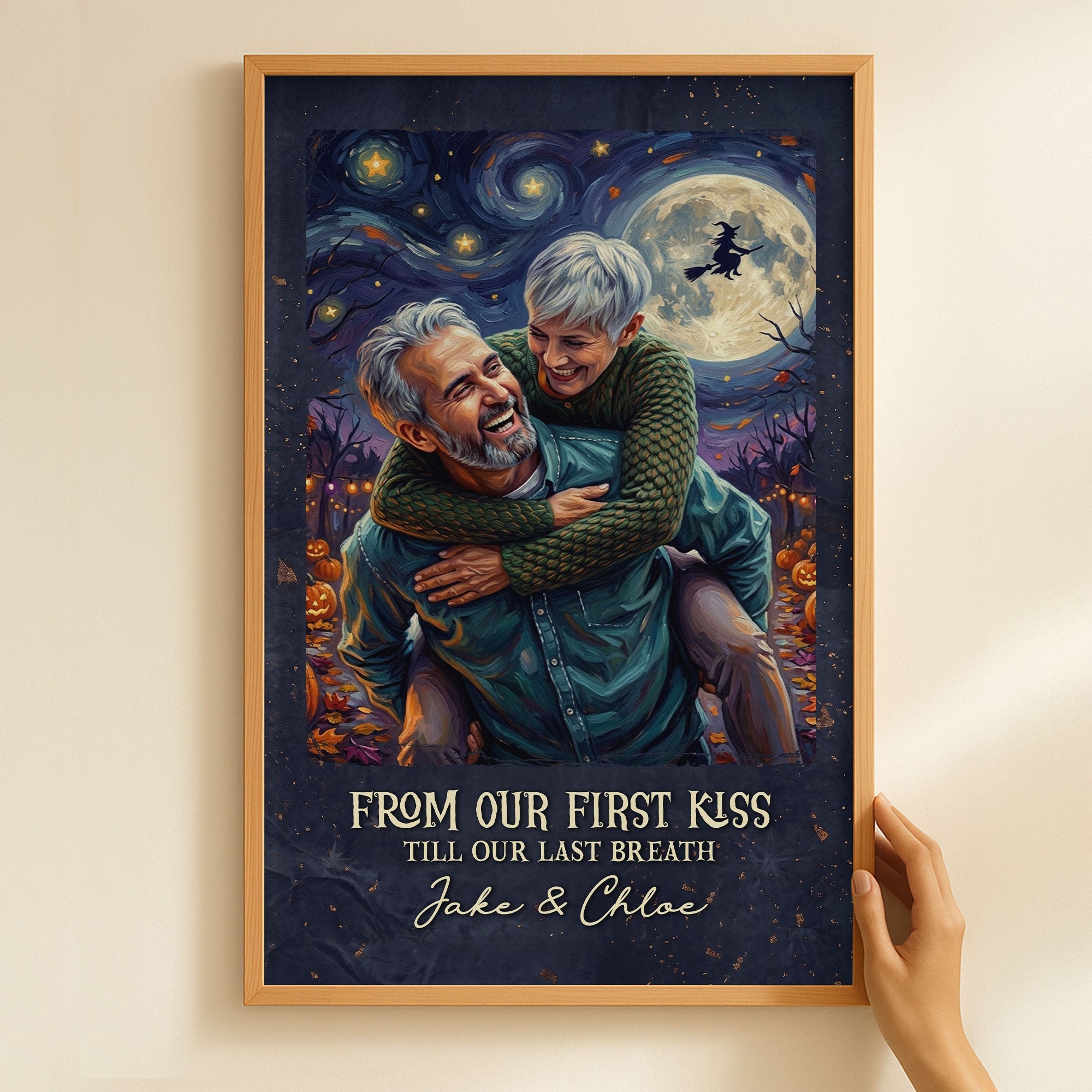 Custom Couple Photo Halloween Van Gogh Art Gift For Her, Him - Personalized Poster