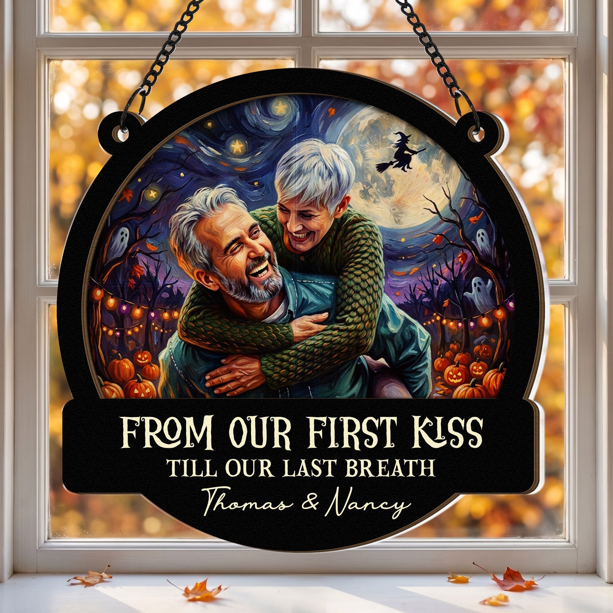 Custom Couple Photo Halloween Van Gogh Art - Personalized Window Hanging Suncatcher