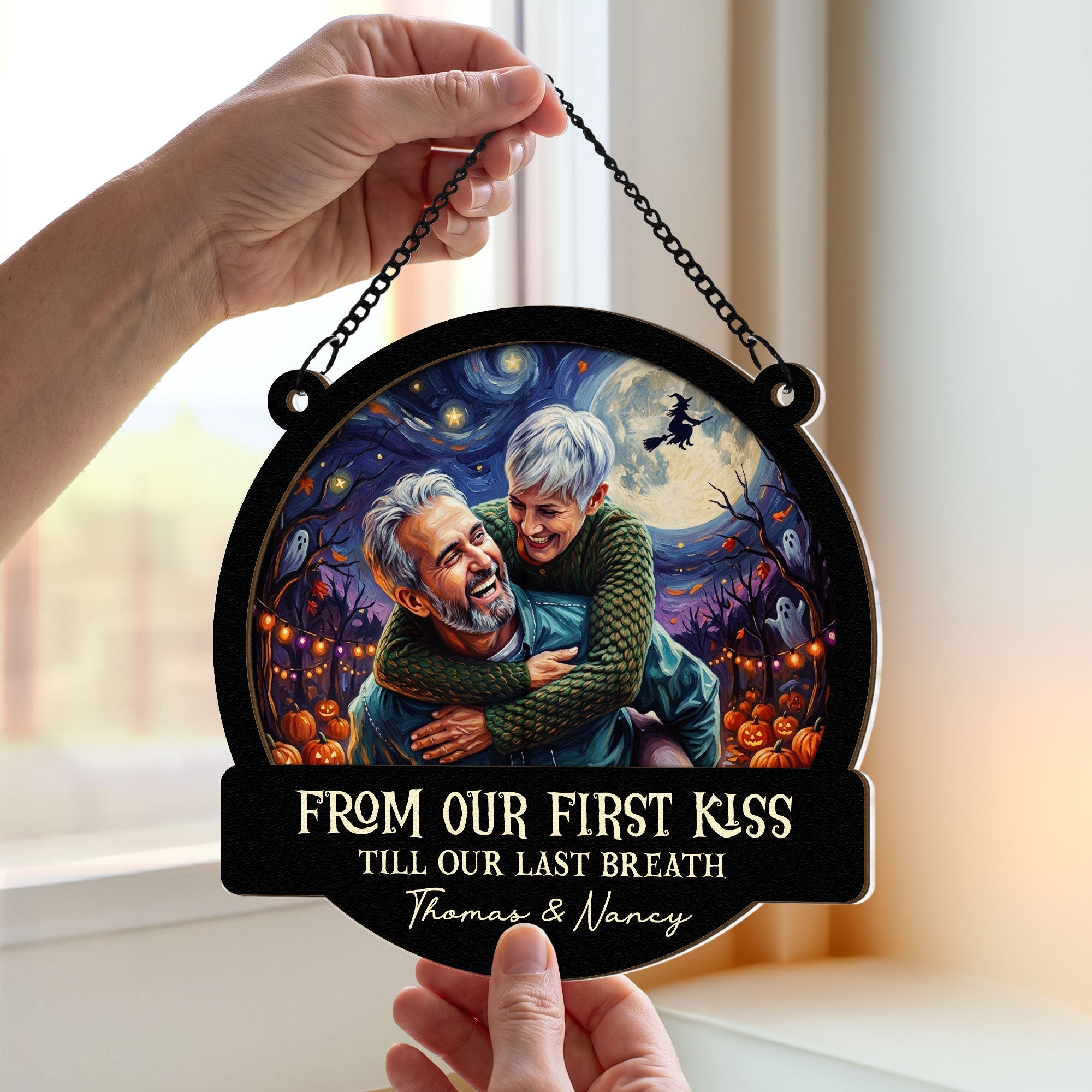 Custom Couple Photo Halloween Van Gogh Art - Personalized Window Hanging Suncatcher