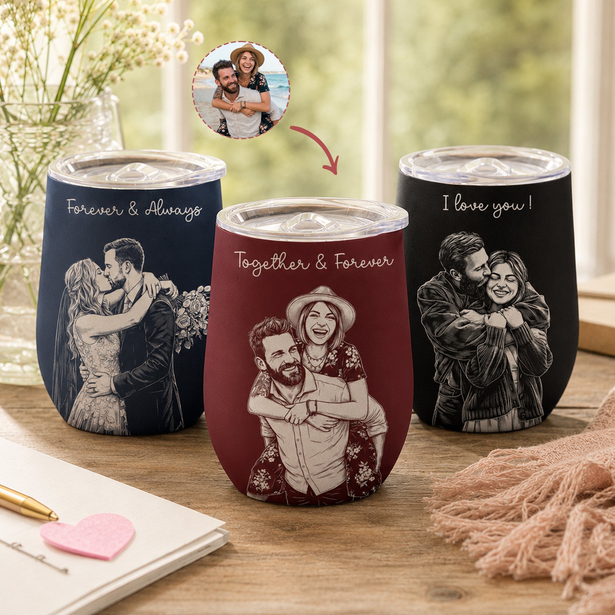 Custom Couple Photo Sketch Line Art Anniversary Gift For Him, Her - Personalized Wine Tumbler