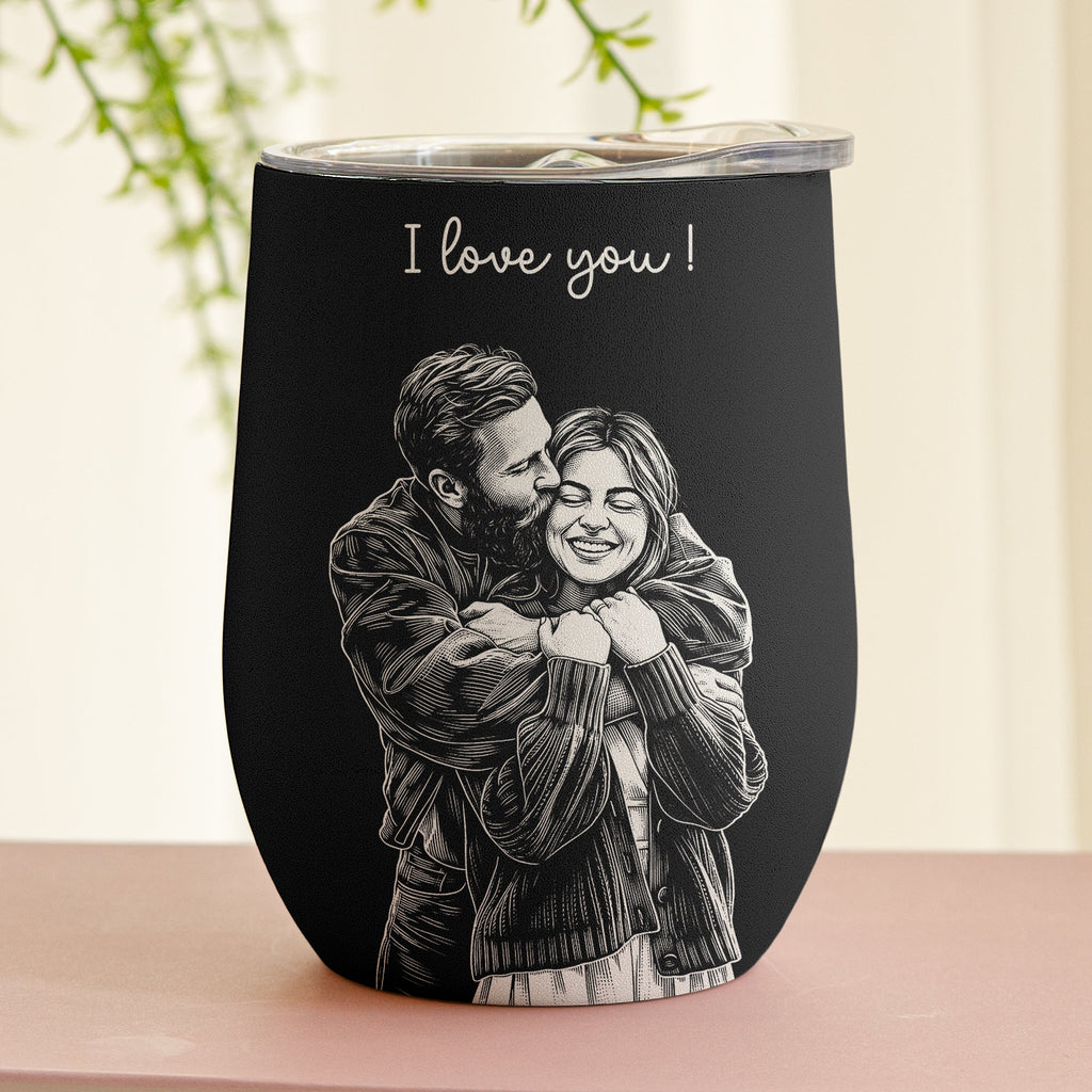 Custom Couple Photo Sketch Line Art Anniversary Gift For Him, Her - Personalized Wine Tumbler