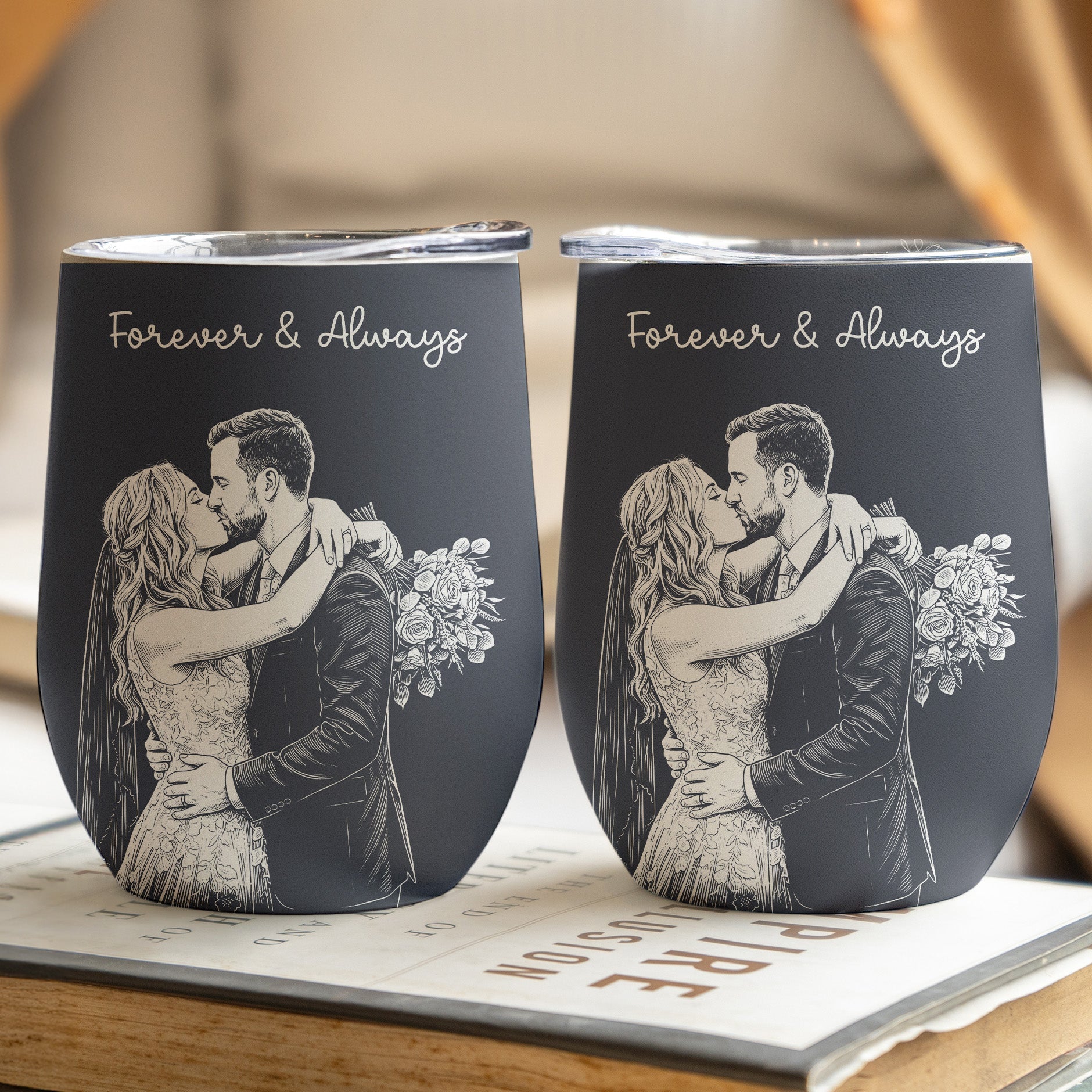 Custom Couple Photo Sketch Line Art Anniversary Gift For Him, Her - Personalized Wine Tumbler