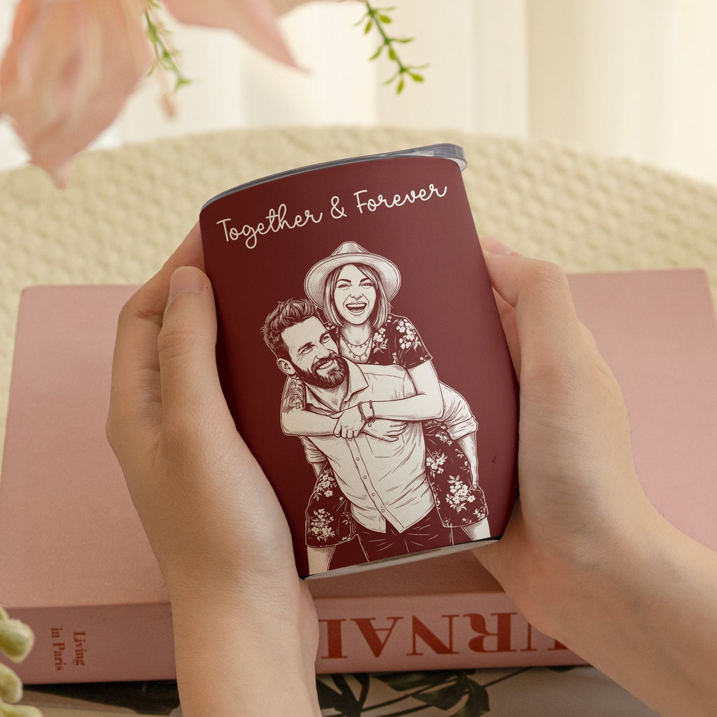 Custom Couple Photo Sketch Line Art Anniversary Gift For Him, Her - Personalized Wine Tumbler