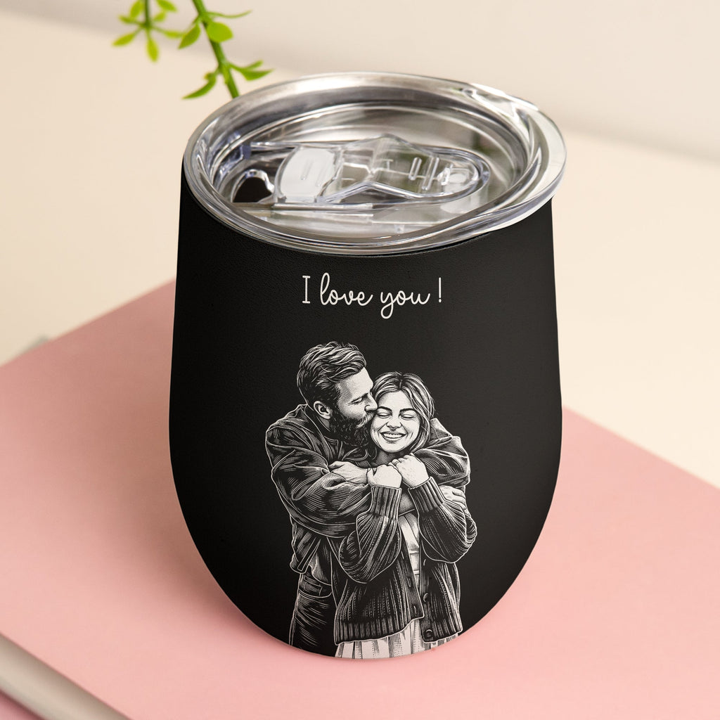 Custom Couple Photo Sketch Line Art Anniversary Gift For Him, Her - Personalized Wine Tumbler