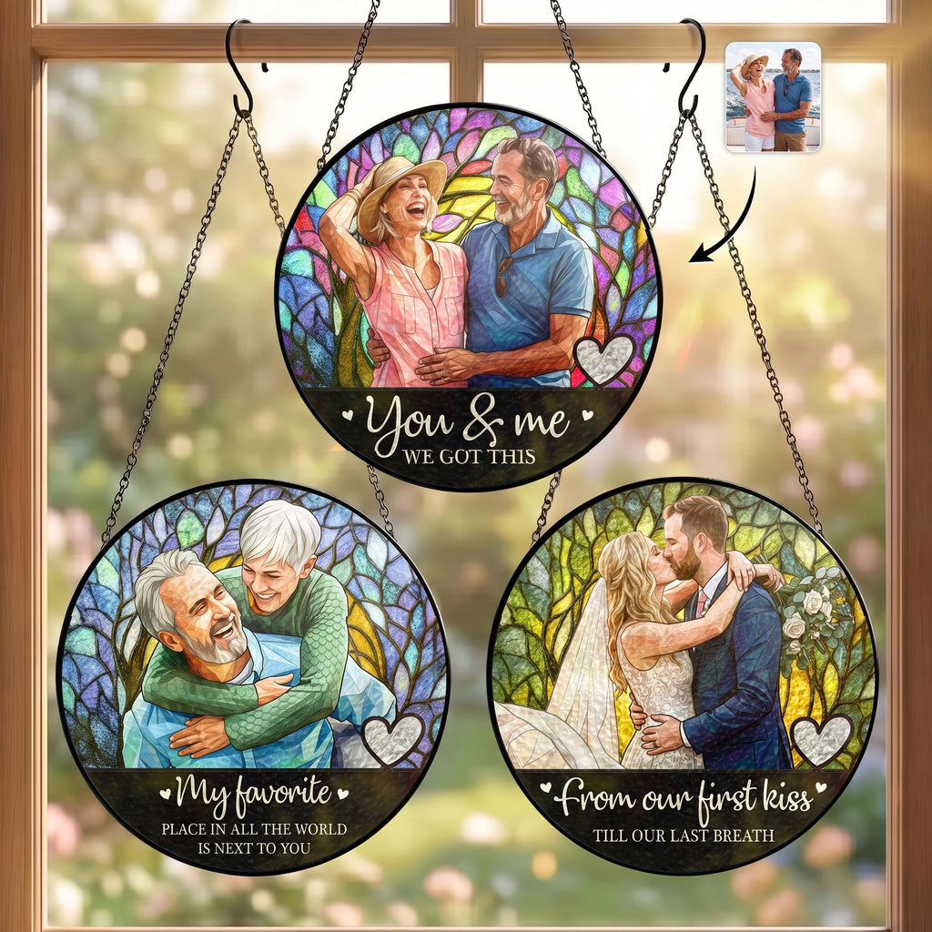 Custom Couple Photo Stained Glass Anniversary Gift For Wife - Personalized Window Hanging Suncatcher