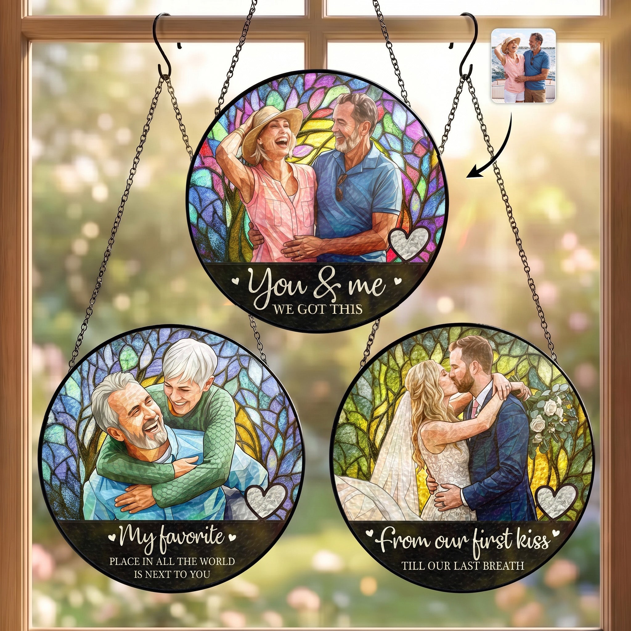 Custom Couple Photo Stained Glass Anniversary Gift For Wife - Personalized Window Hanging Suncatcher