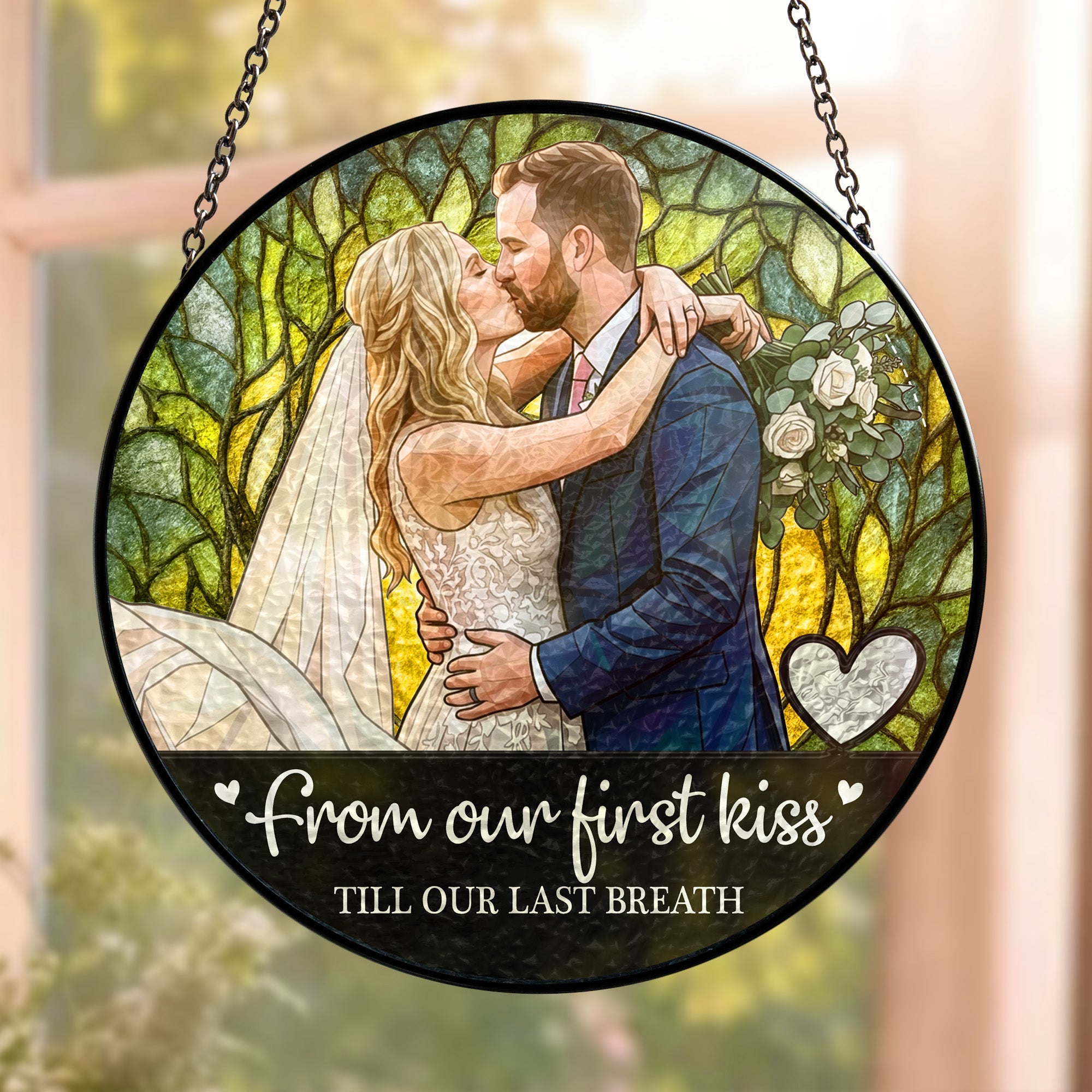 Custom Couple Photo Stained Glass Anniversary Gift For Wife - Personalized Window Hanging Suncatcher