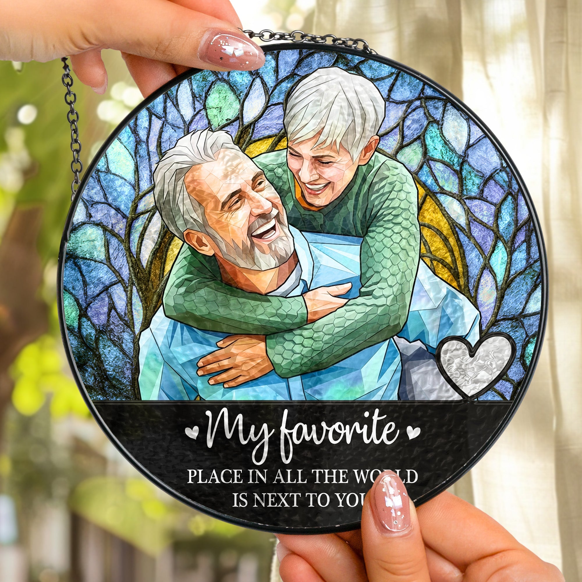 Custom Couple Photo Stained Glass Anniversary Gift For Wife - Personalized Window Hanging Suncatcher