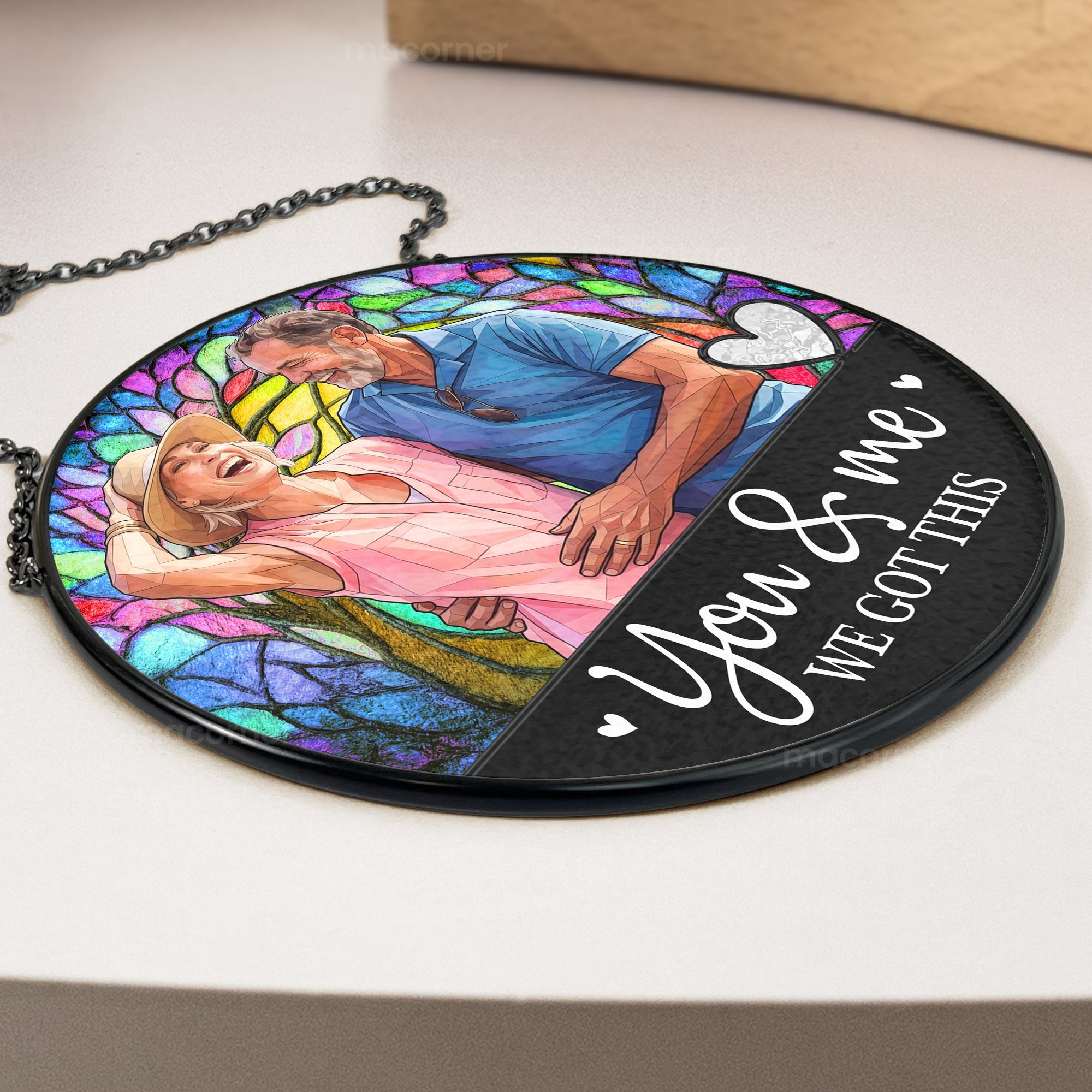 Custom Couple Photo Stained Glass Anniversary Gift For Wife - Personalized Window Hanging Suncatcher