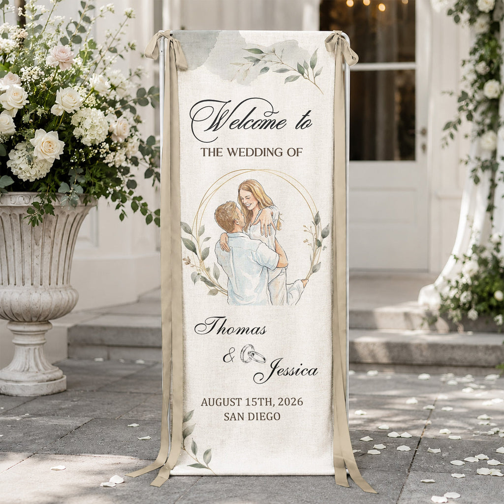 Custom Couple Photo Watercolor Art Wedding Welcome Sign - Personalized Welcome Sign