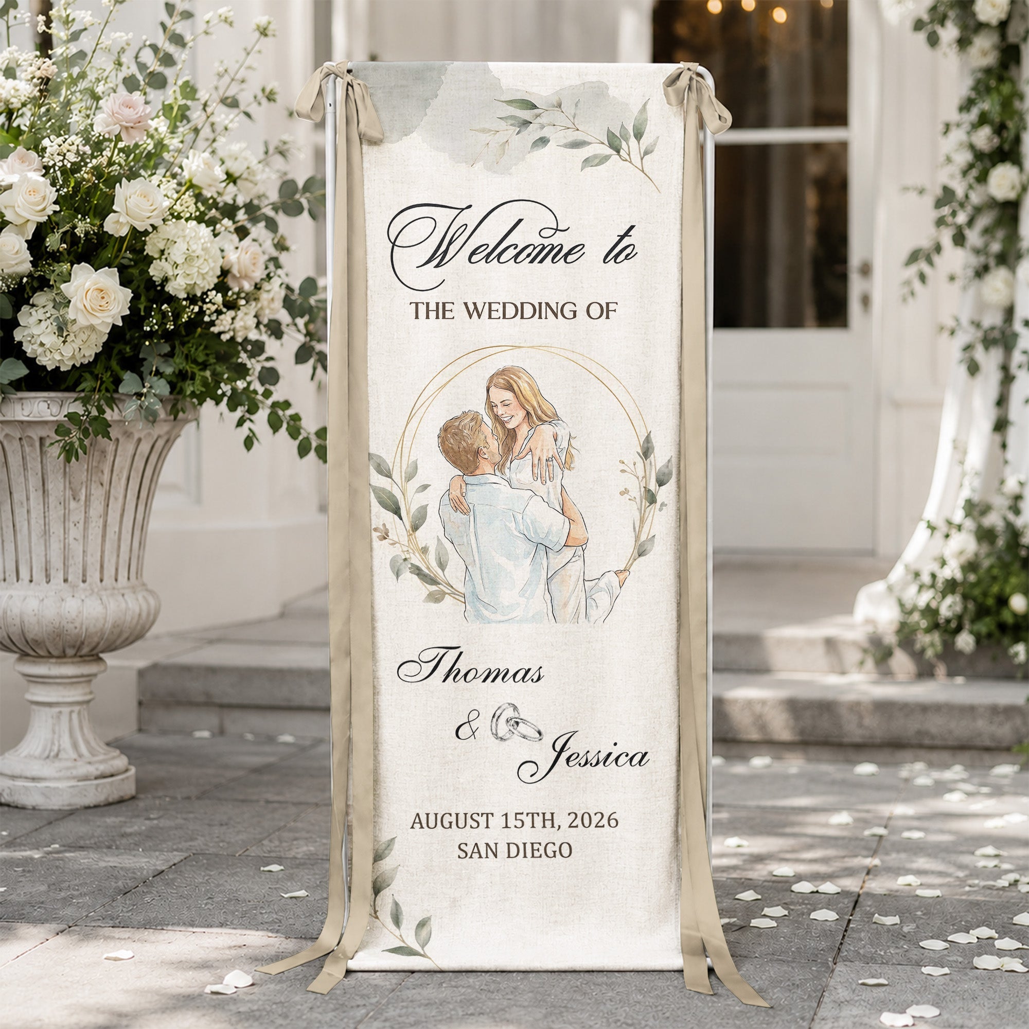 Custom Couple Photo Watercolor Art Wedding Welcome Sign - Personalized Welcome Sign