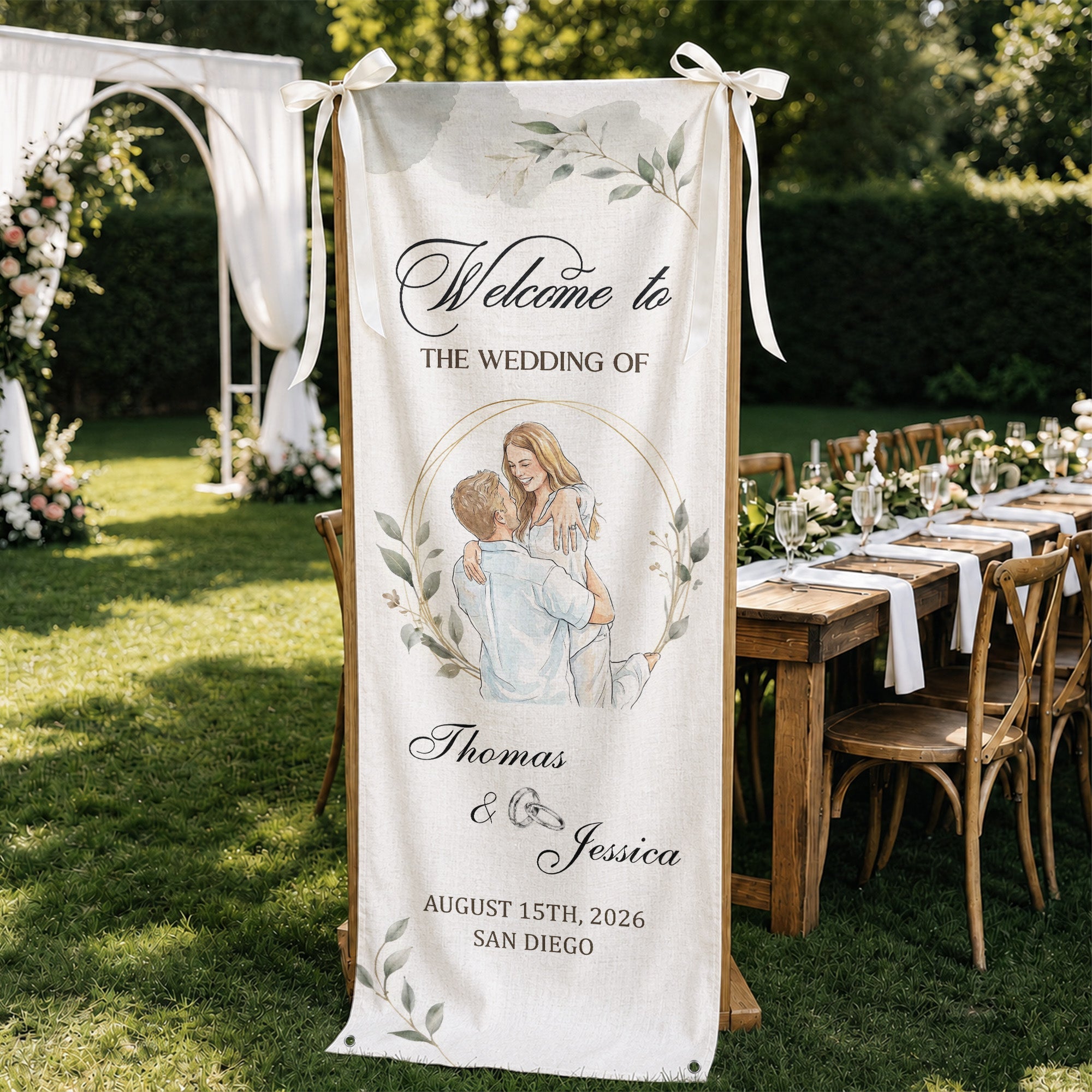 Custom Couple Photo Watercolor Art Wedding Welcome Sign - Personalized Welcome Sign
