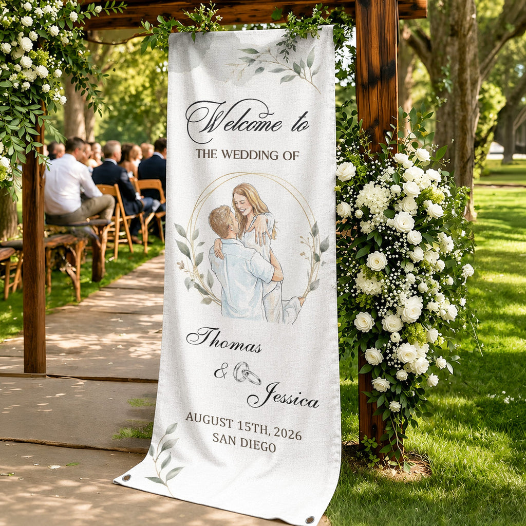 Custom Couple Photo Watercolor Art Wedding Welcome Sign - Personalized Welcome Sign