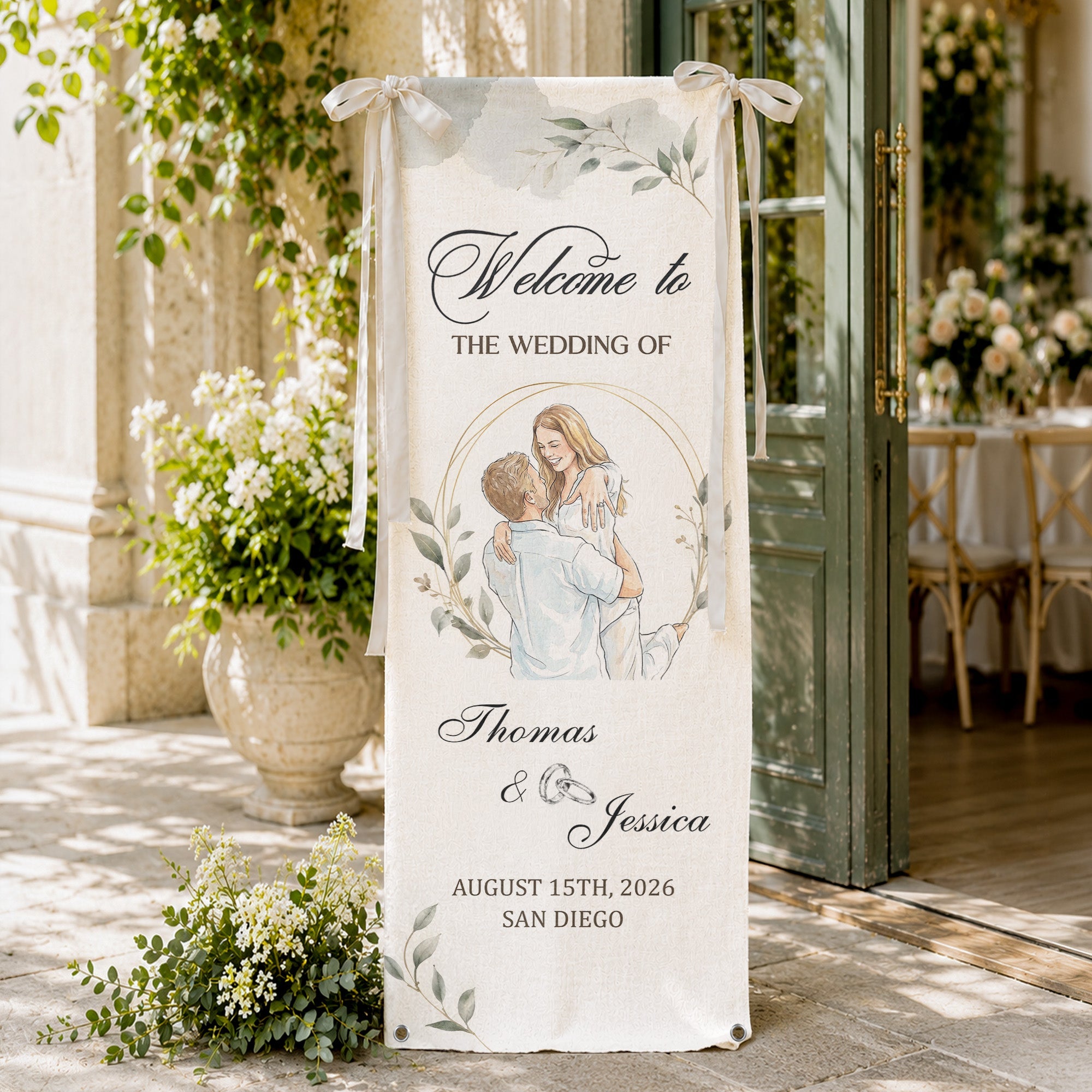 Custom Couple Photo Watercolor Art Wedding Welcome Sign - Personalized Welcome Sign