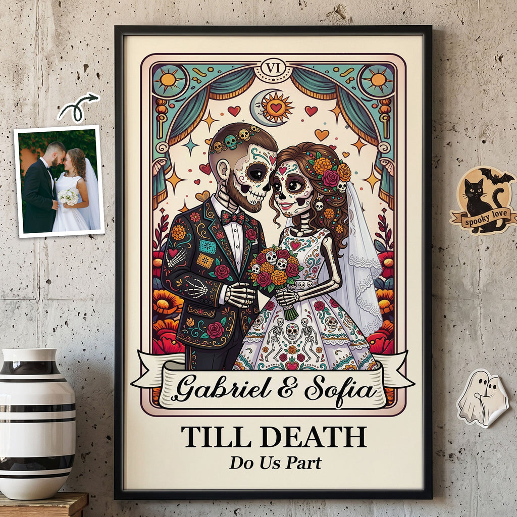Custom Couple Portrait Day Of The Dead Till Death Do Us Part - Personalized Poster