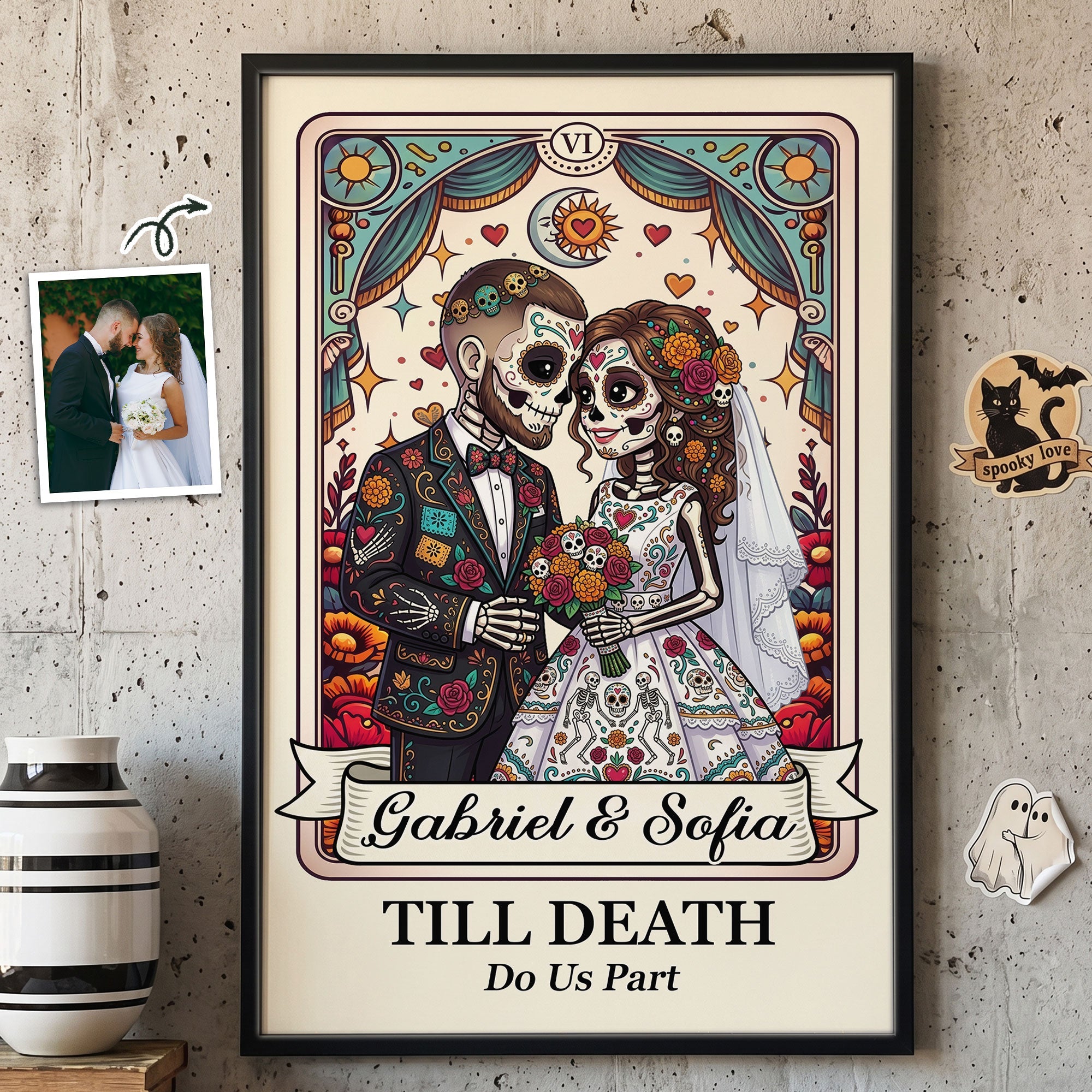 Custom Couple Portrait Day Of The Dead Art Till Death Do Us Part - Personalized Poster