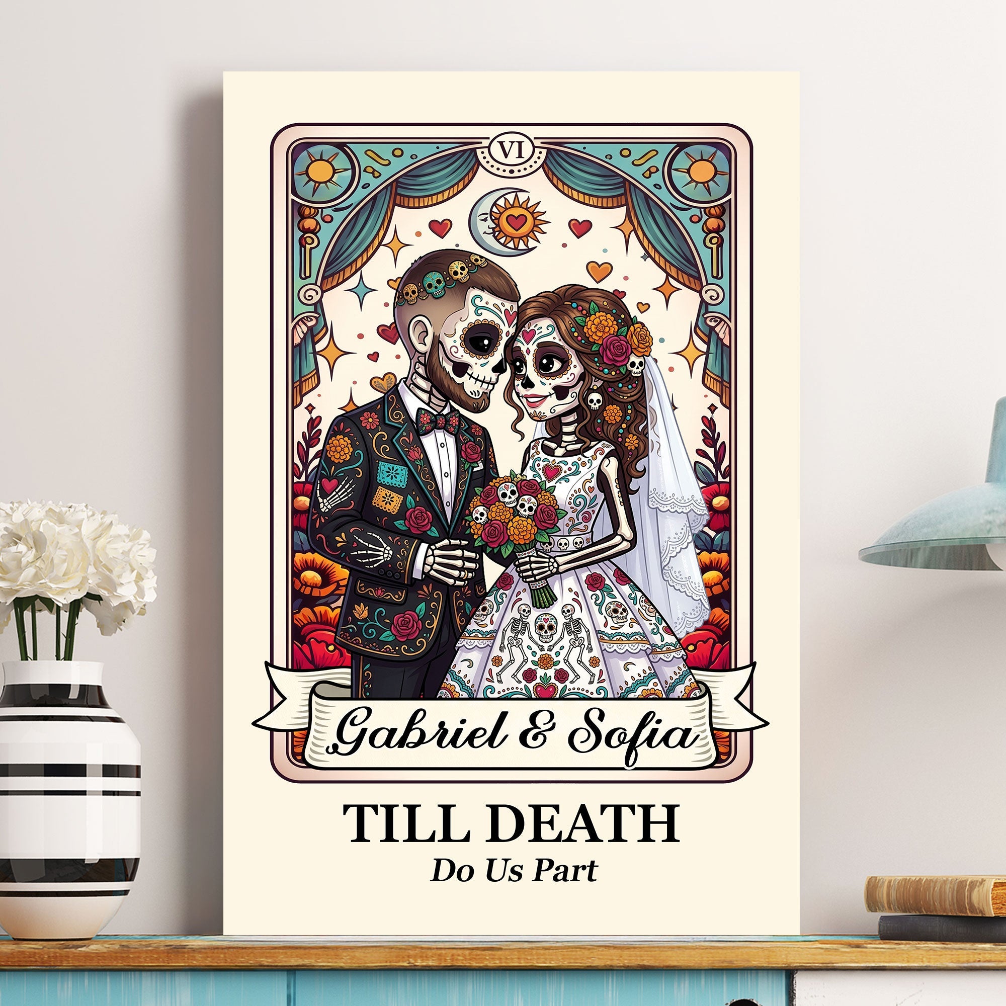 Custom Couple Portrait Day Of The Dead Art Till Death Do Us Part - Personalized Poster